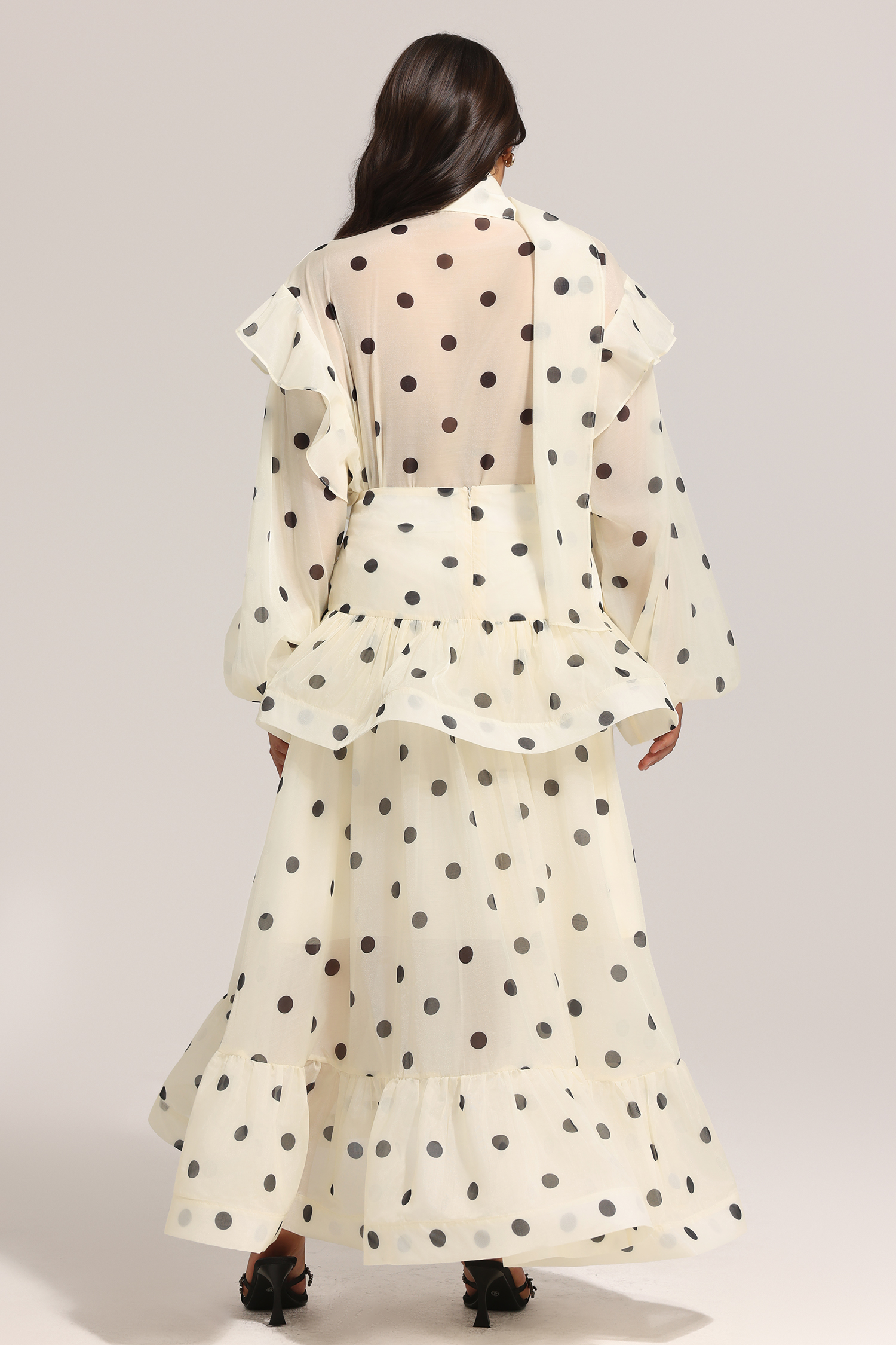 Rode Dot Printed Folds Long Sleeves Top And Skirt Two-Piece Set