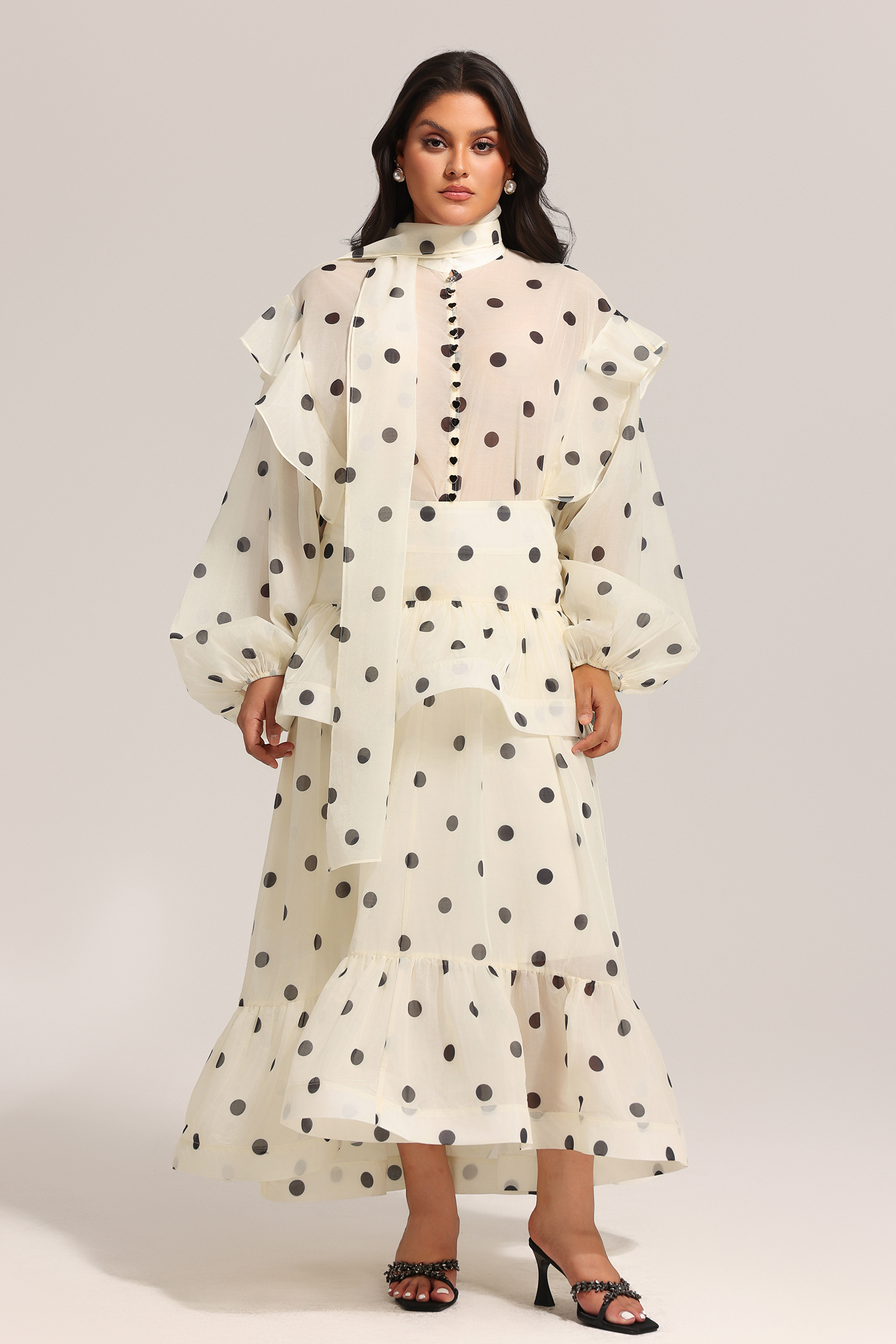 Rode Dot Printed Folds Long Sleeves Top And Skirt Two-Piece Set