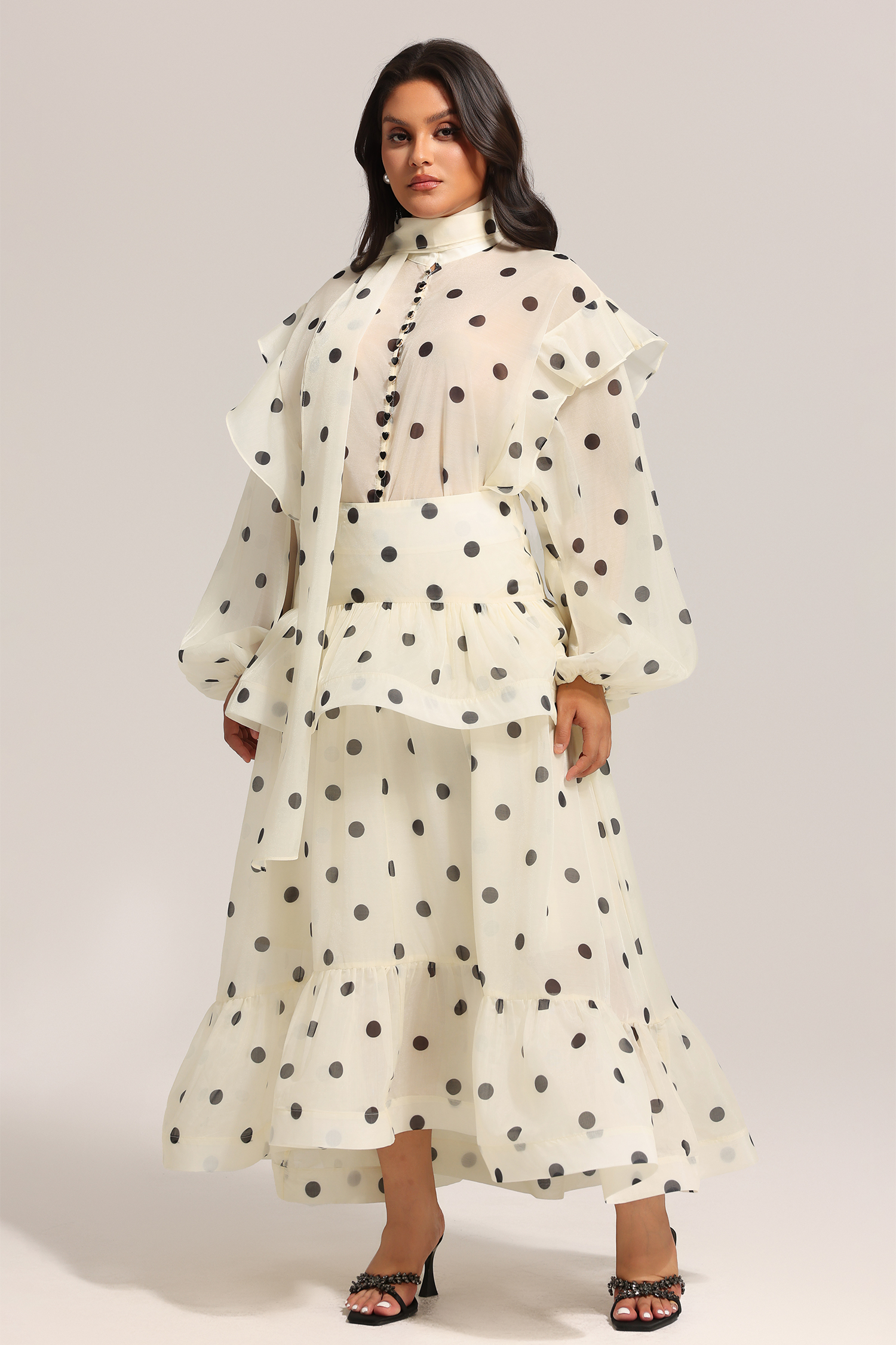 Rode Dot Printed Folds Long Sleeves Top And Skirt Two-Piece Set