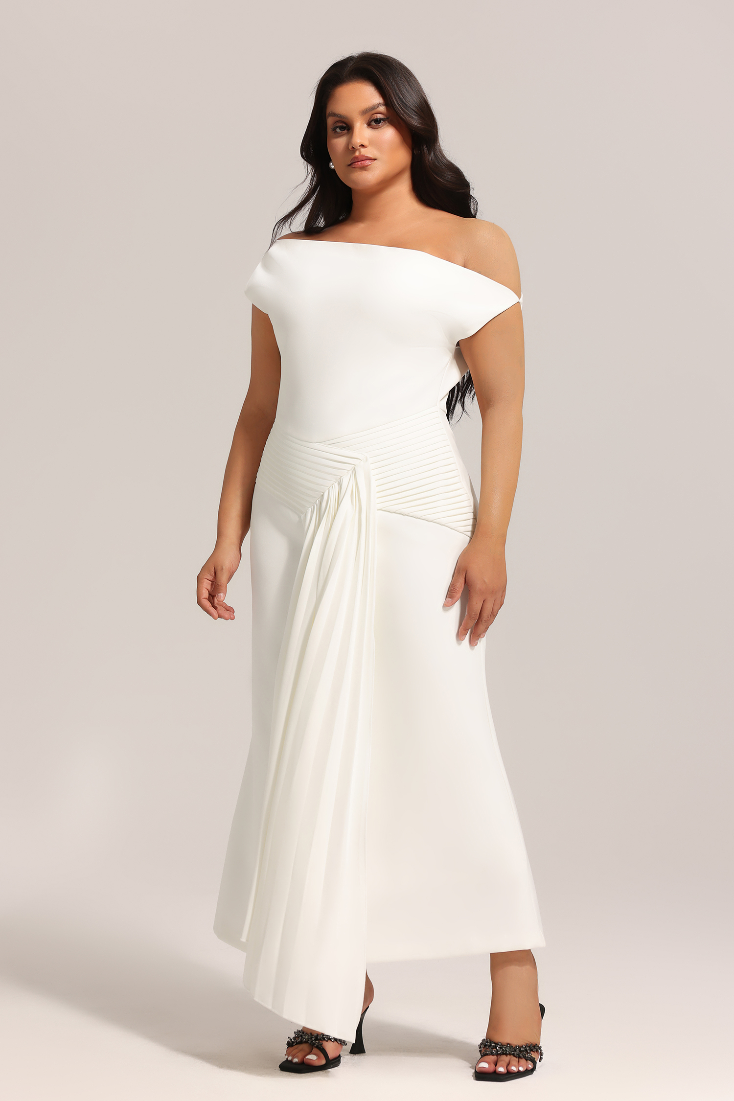 Paulina Oblique Shoulder Sleeveless Folds Midi Dress