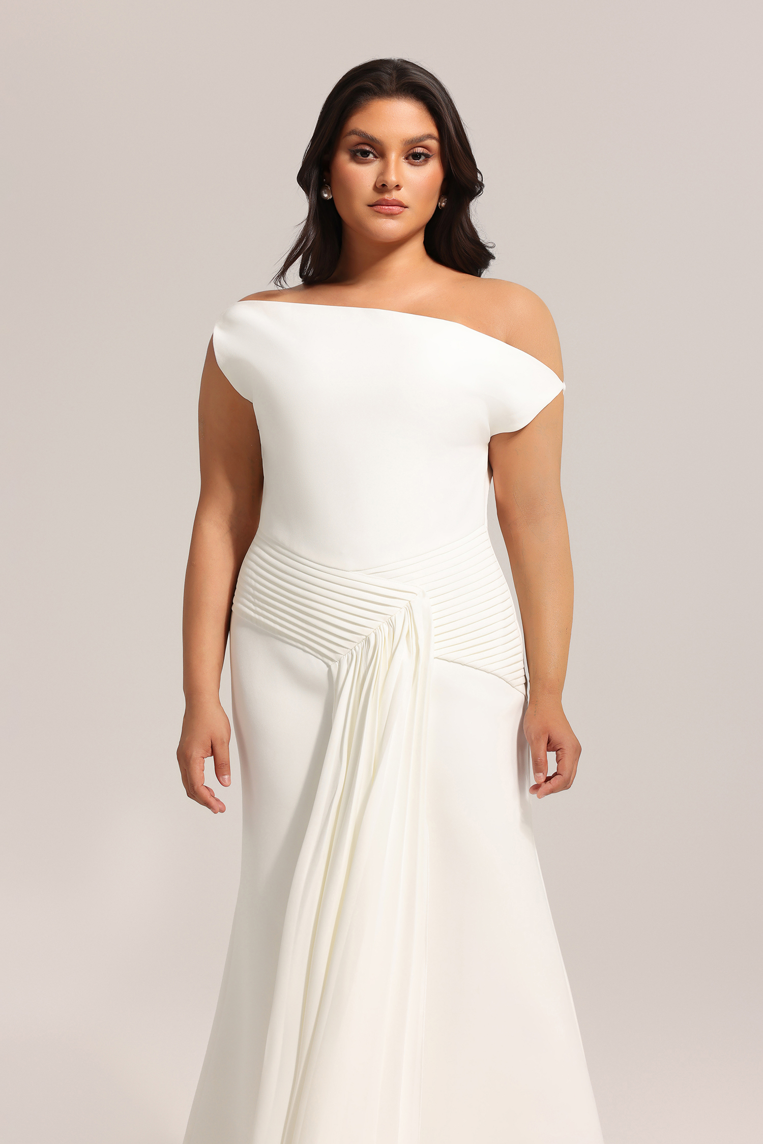 Paulina Oblique Shoulder Sleeveless Folds Midi Dress