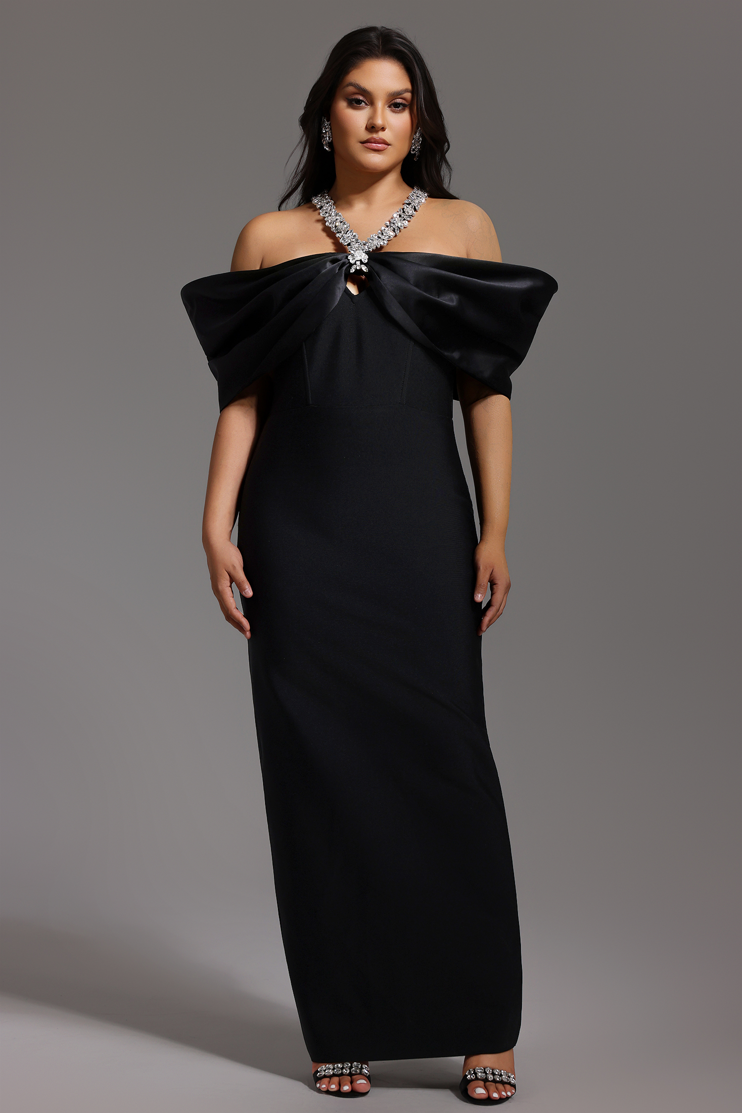 Sloan Halter Diamond Off-The-Shoulder Bandage Maxi Dress