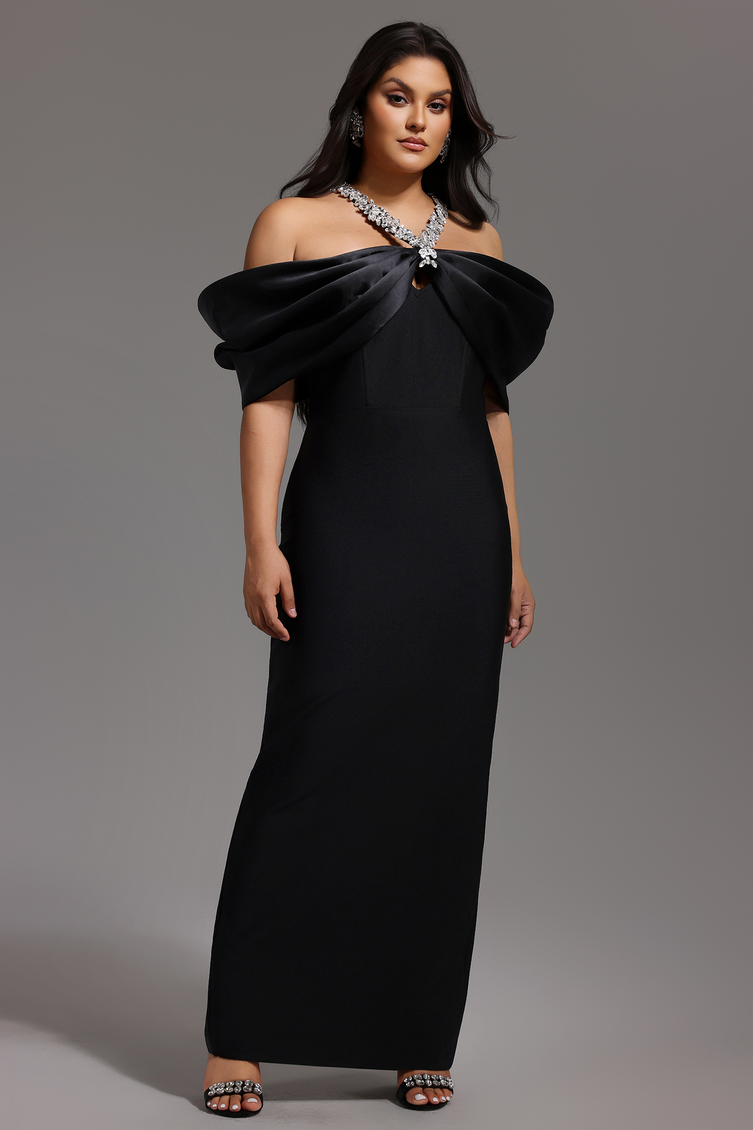 Sloan Halter Diamond Off-The-Shoulder Bandage Maxi Dress