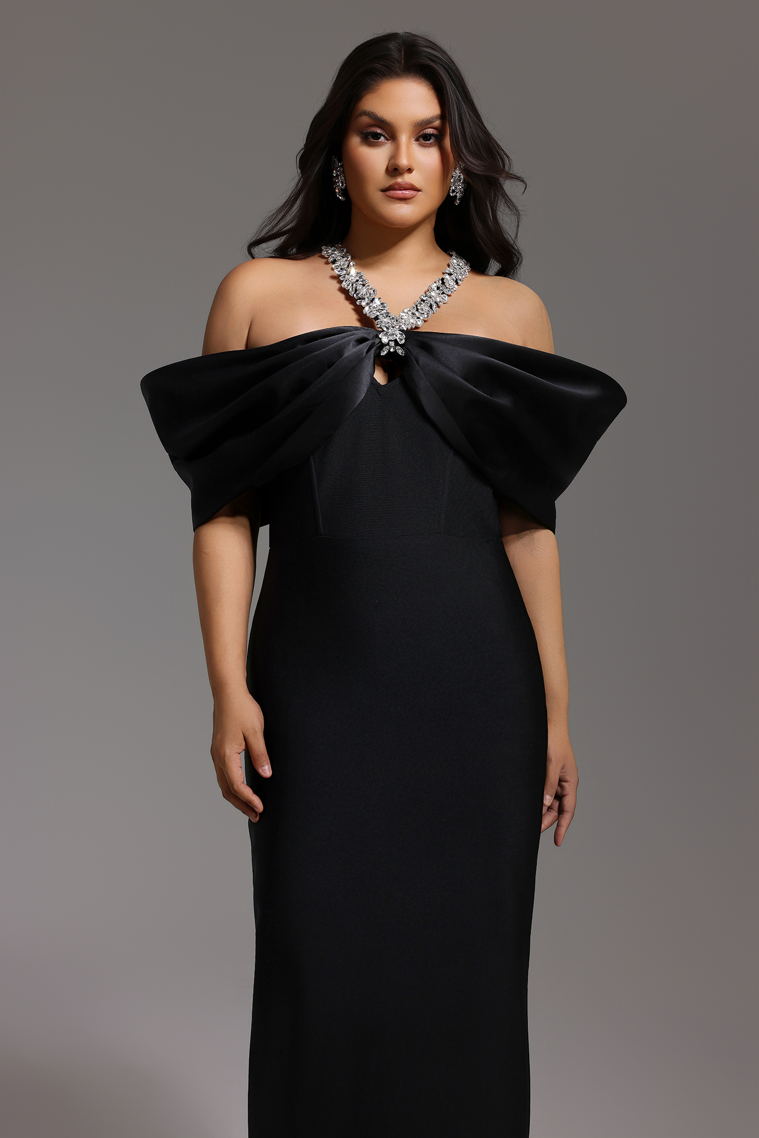 Sloan Halter Diamond Off-The-Shoulder Bandage Maxi Dress