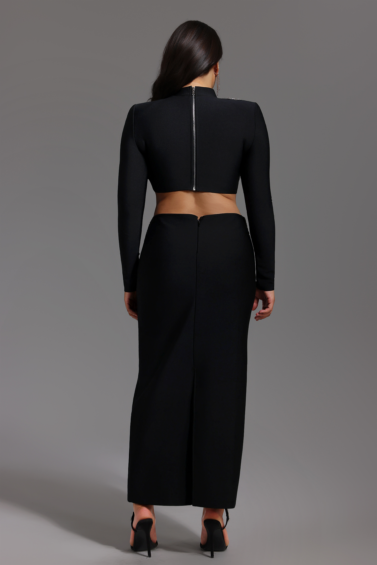 Ulama Choker Long Sleeve Diamond Flowers Bandage Maxi Two-Piece Set