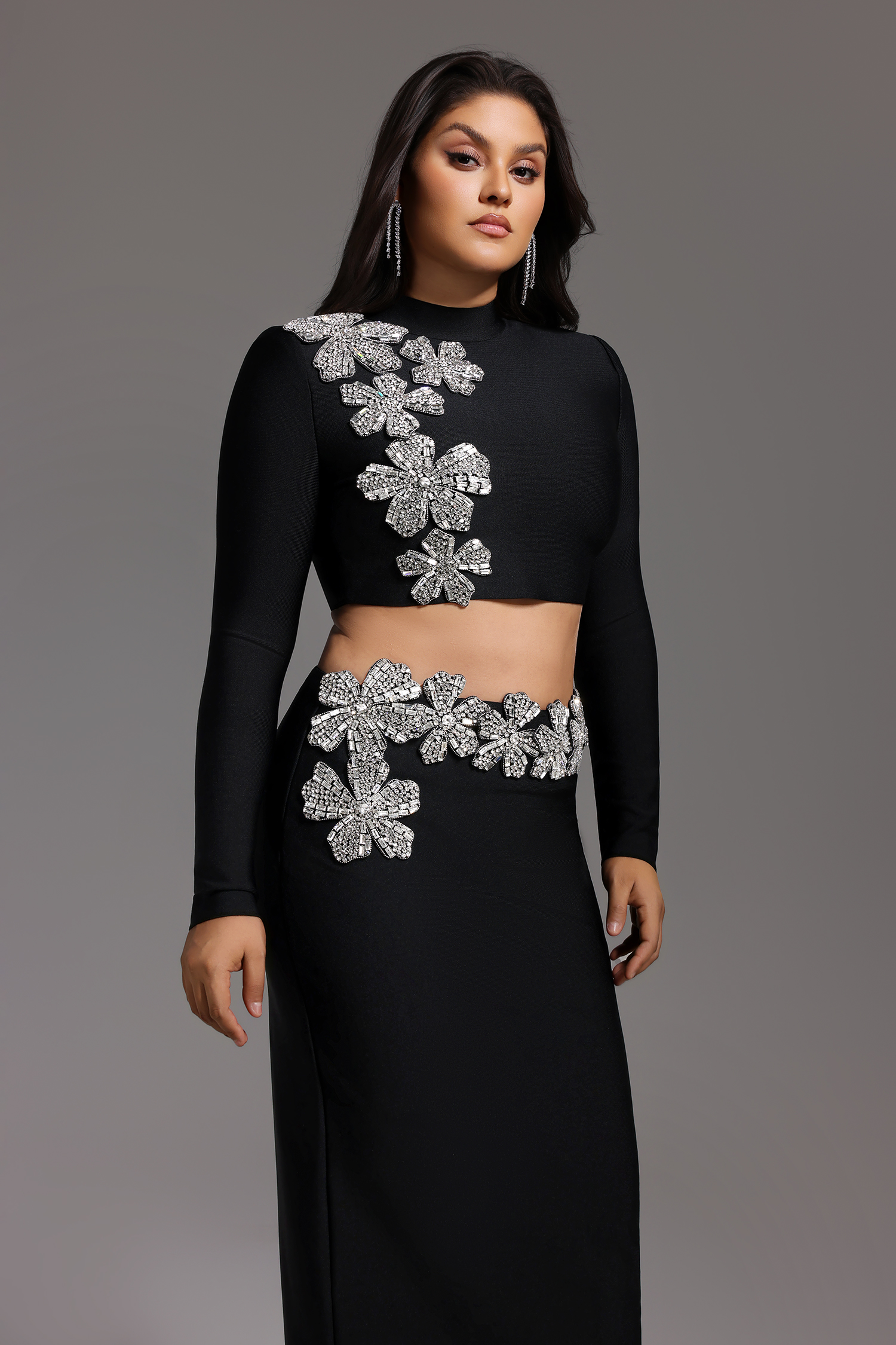 Ulama Choker Long Sleeve Diamond Flowers Bandage Maxi Two-Piece Set