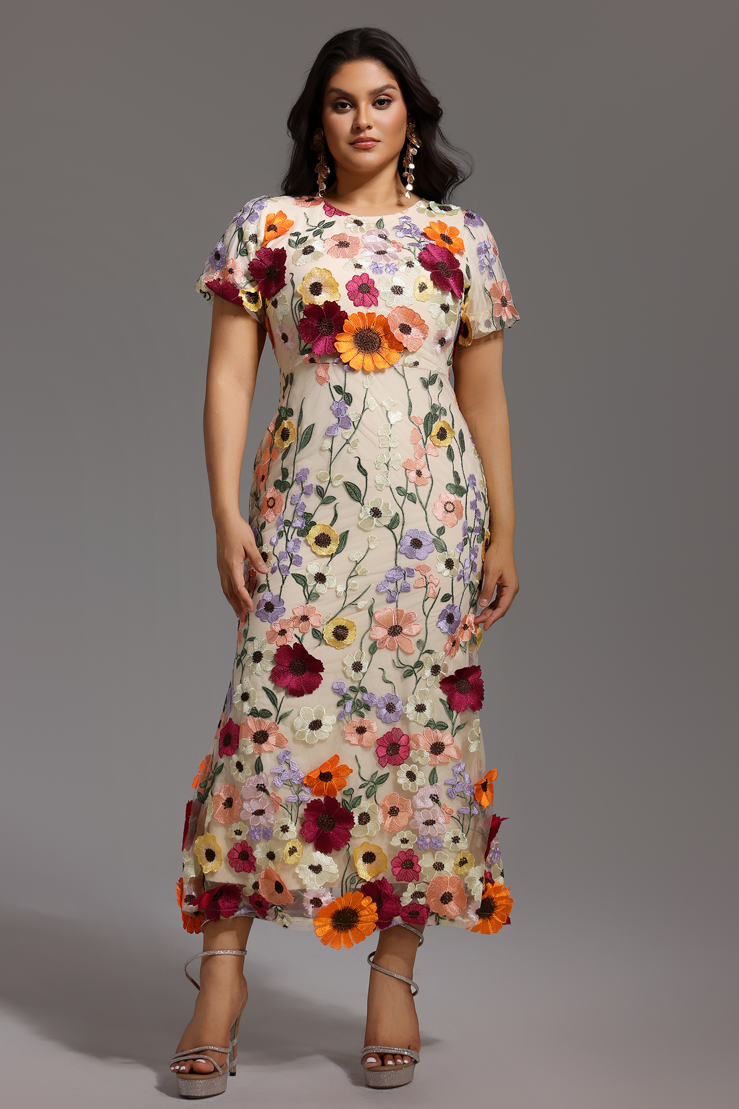 Naya Short Sleeve Round Neck Flowers Fishtail Midi Dress