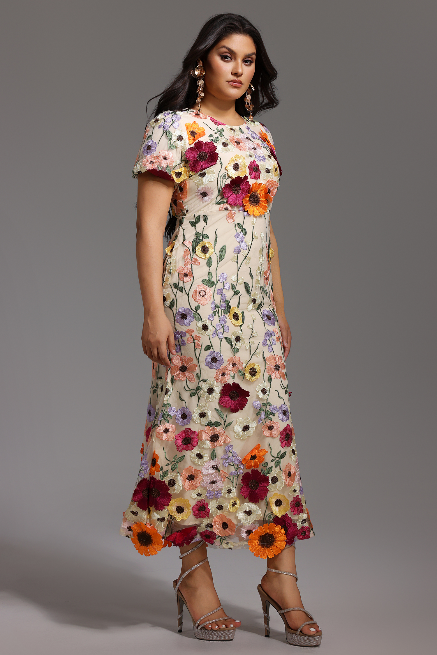 Naya Short Sleeve Round Neck Flowers Fishtail Midi Dress
