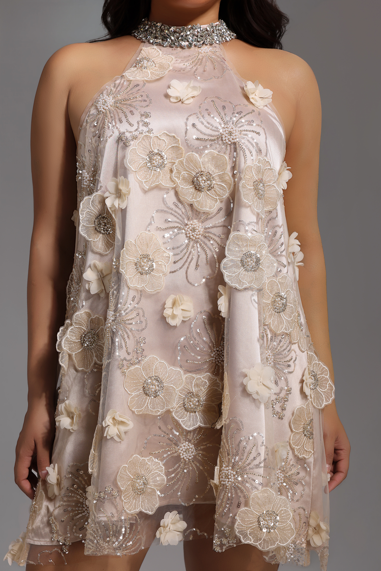 Viaua Halter Flowers Diamond Mini Dress