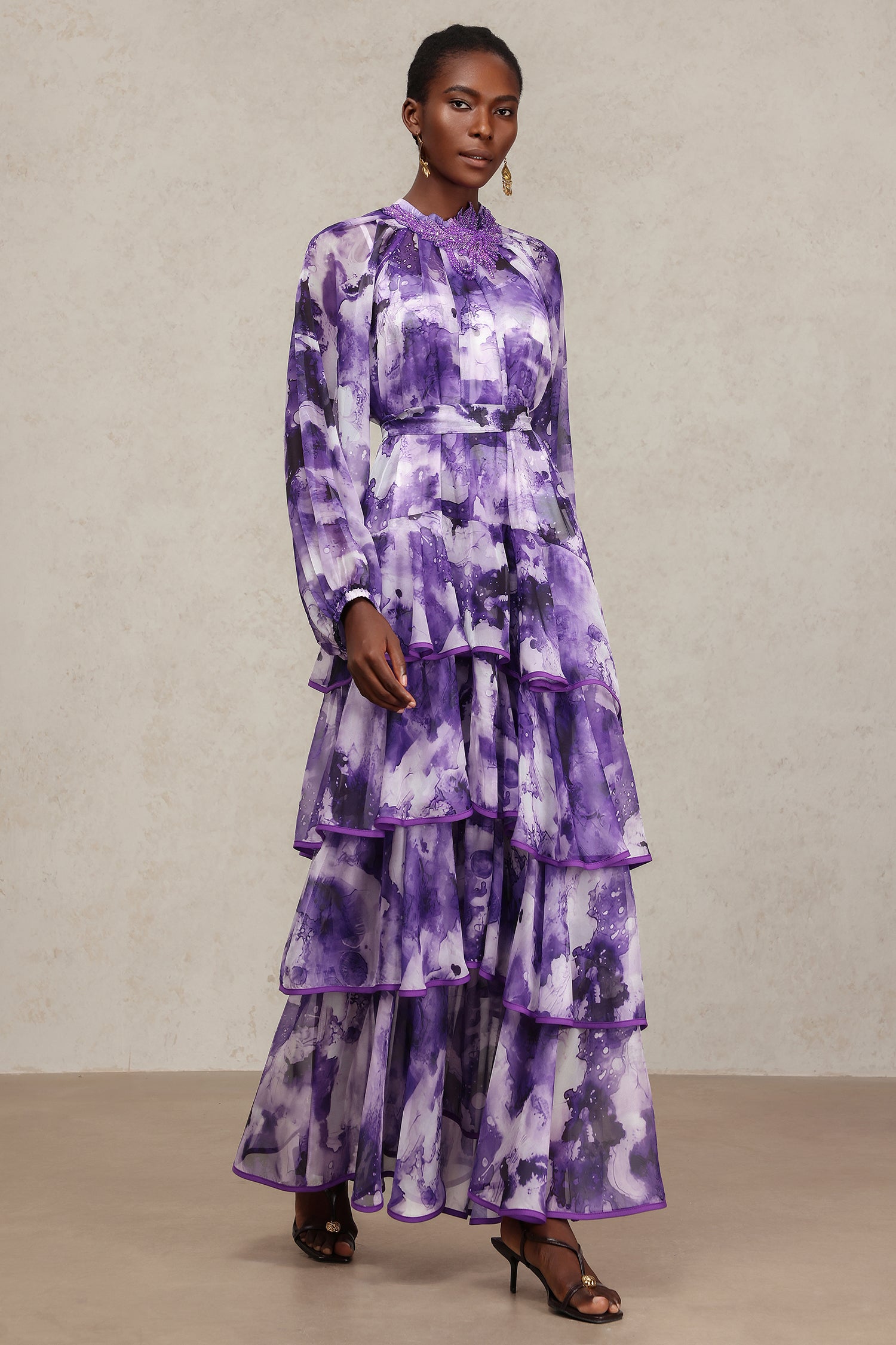 Jolie Round Neck Long Sleeves Floral Printed Folds Maxi Dress