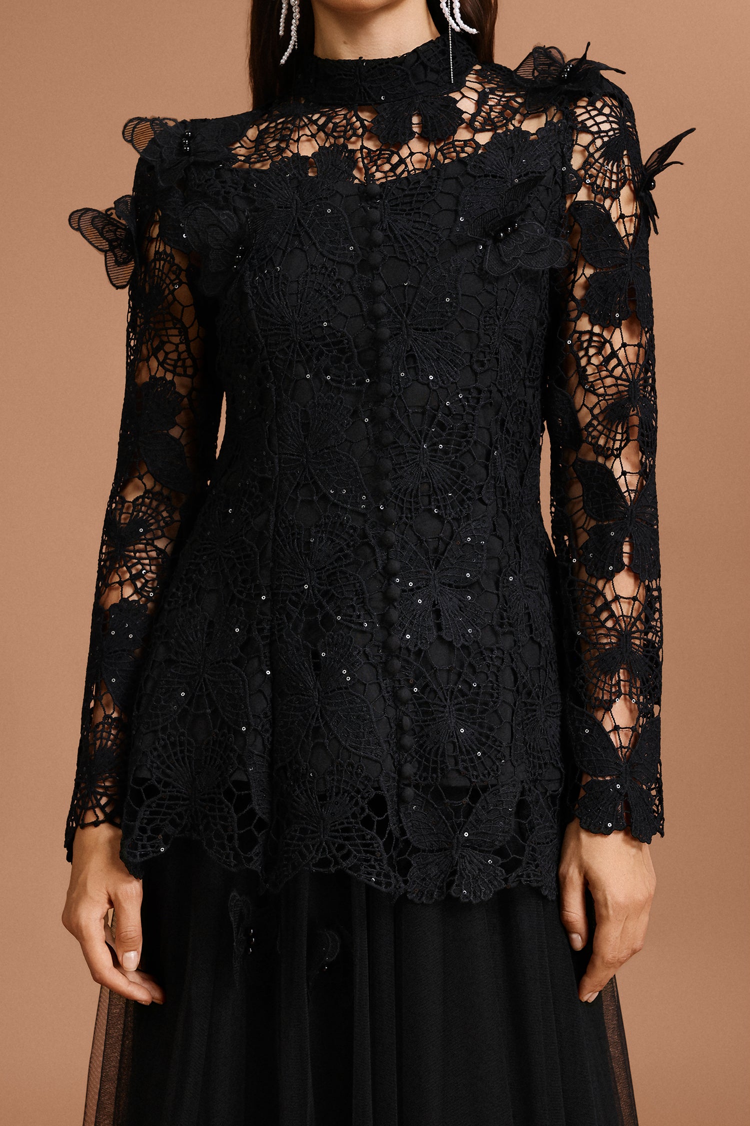 Okama Long Sleeve Folds Lace Butterfly Top And Skirt Two-Piece Set
