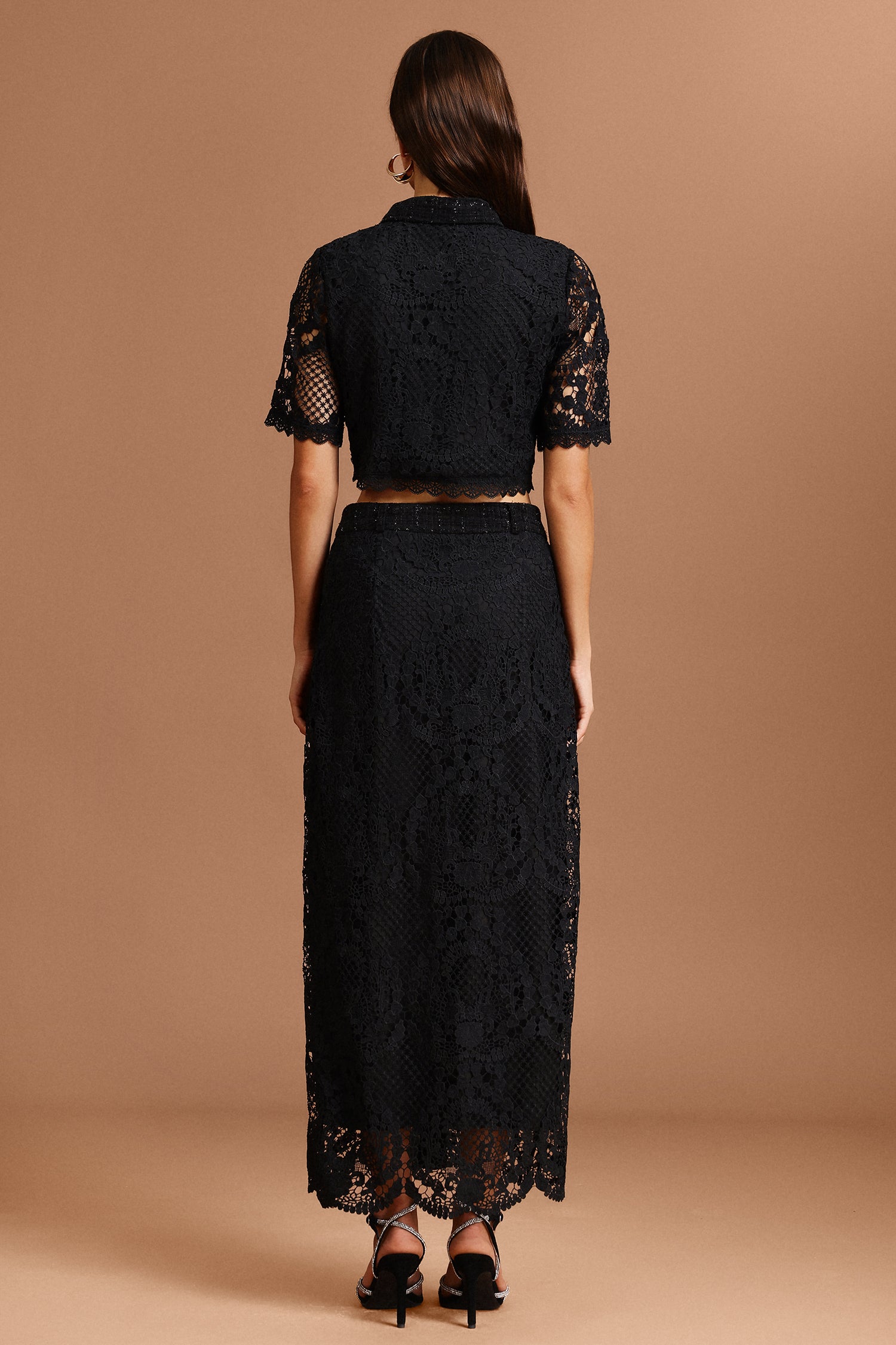 Glenda Lapel Lace Top And Skirt Two-Piece Set