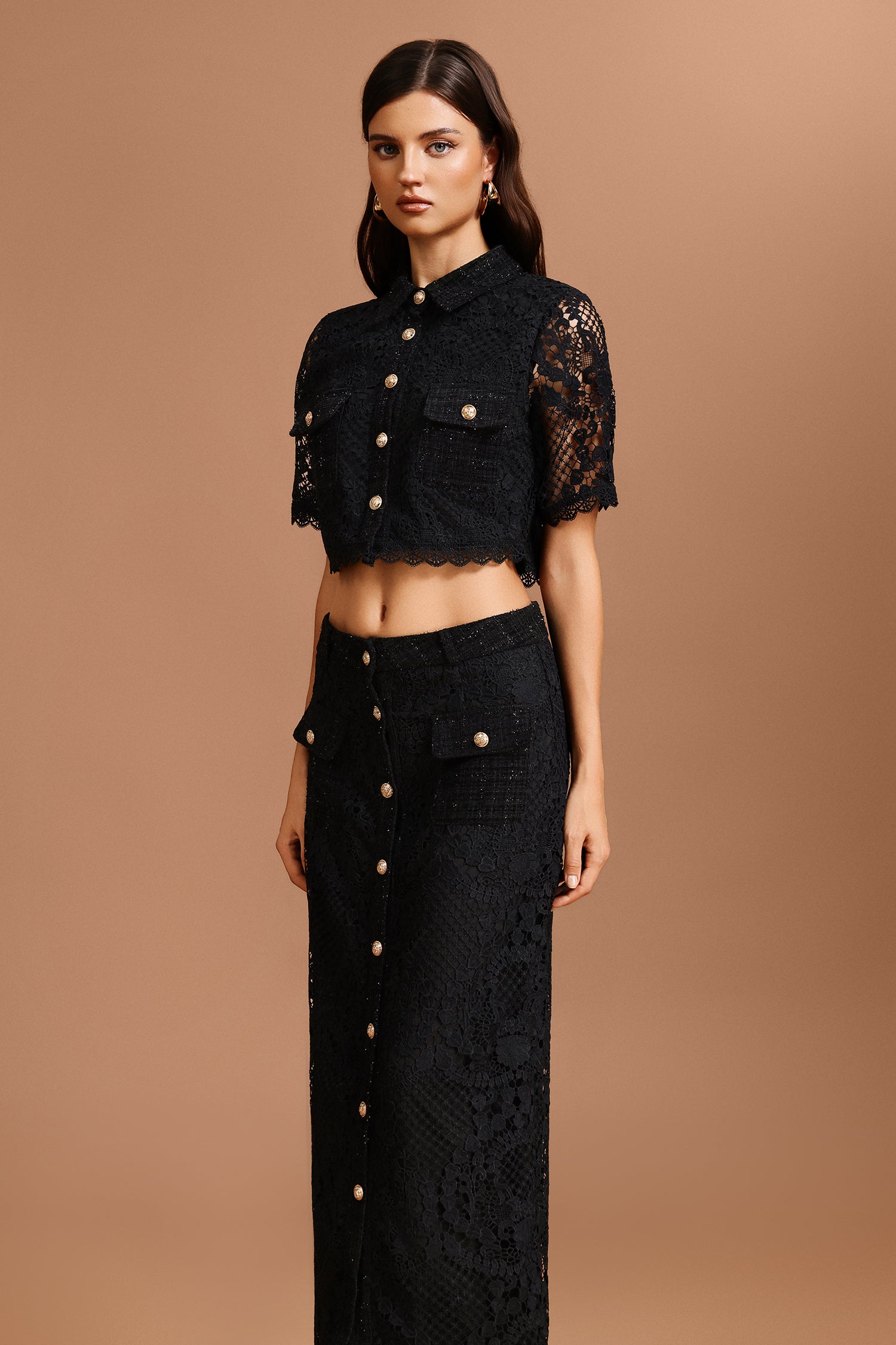Glenda Lapel Lace Top And Skirt Two-Piece Set