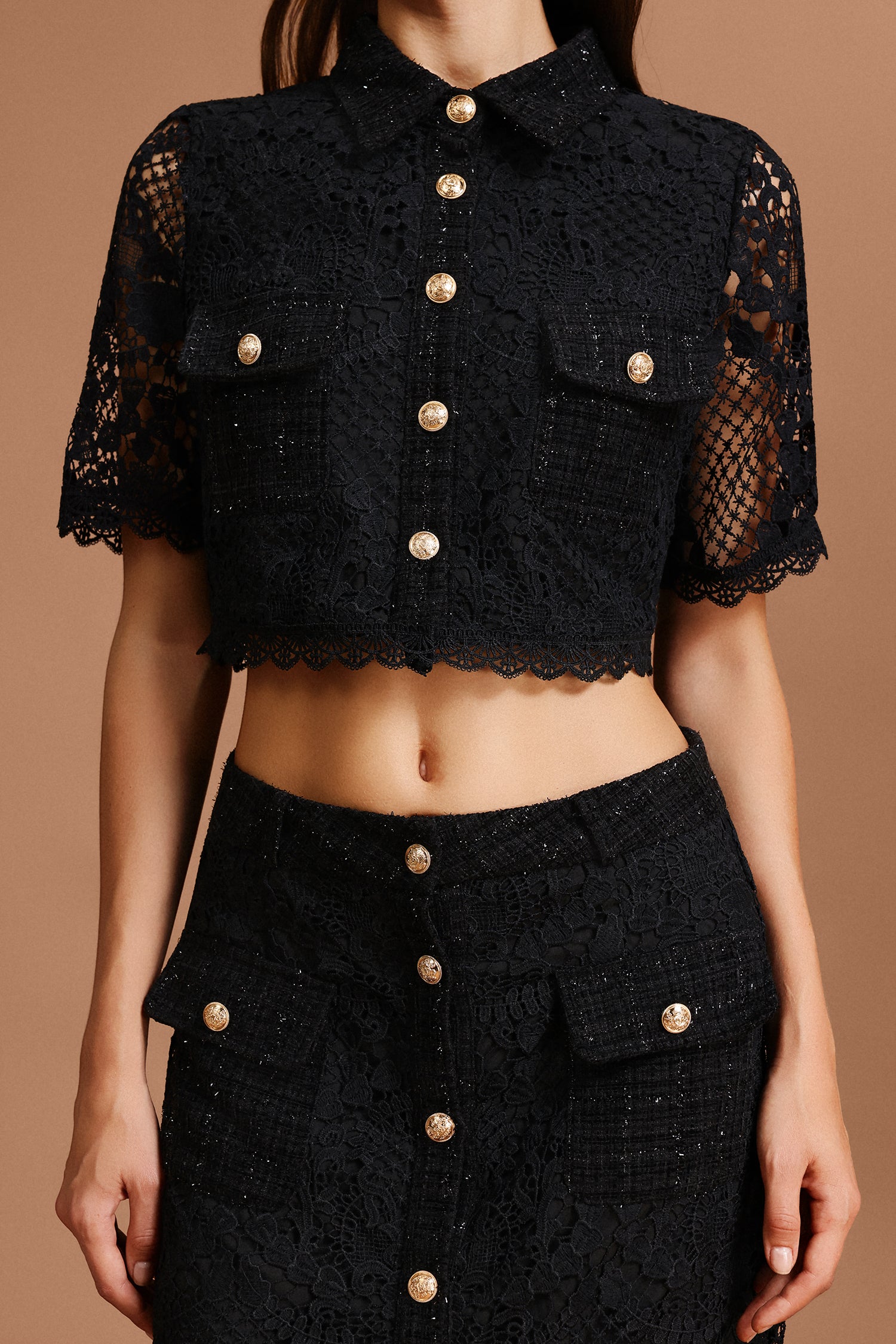 Glenda Lapel Lace Top And Skirt Two-Piece Set