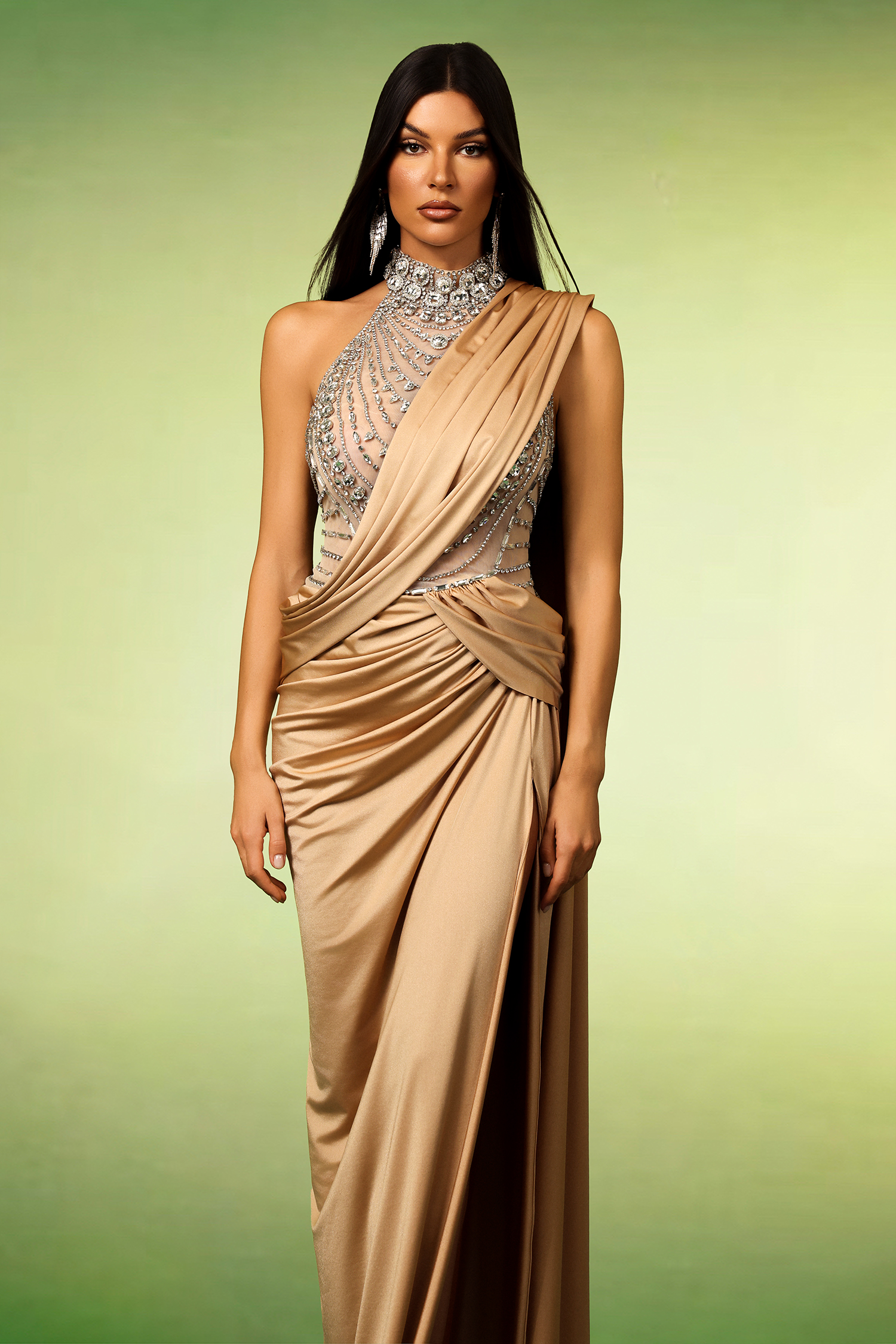 Odely Halter Sleeveless Diamond Wrinkles Maxi Dress