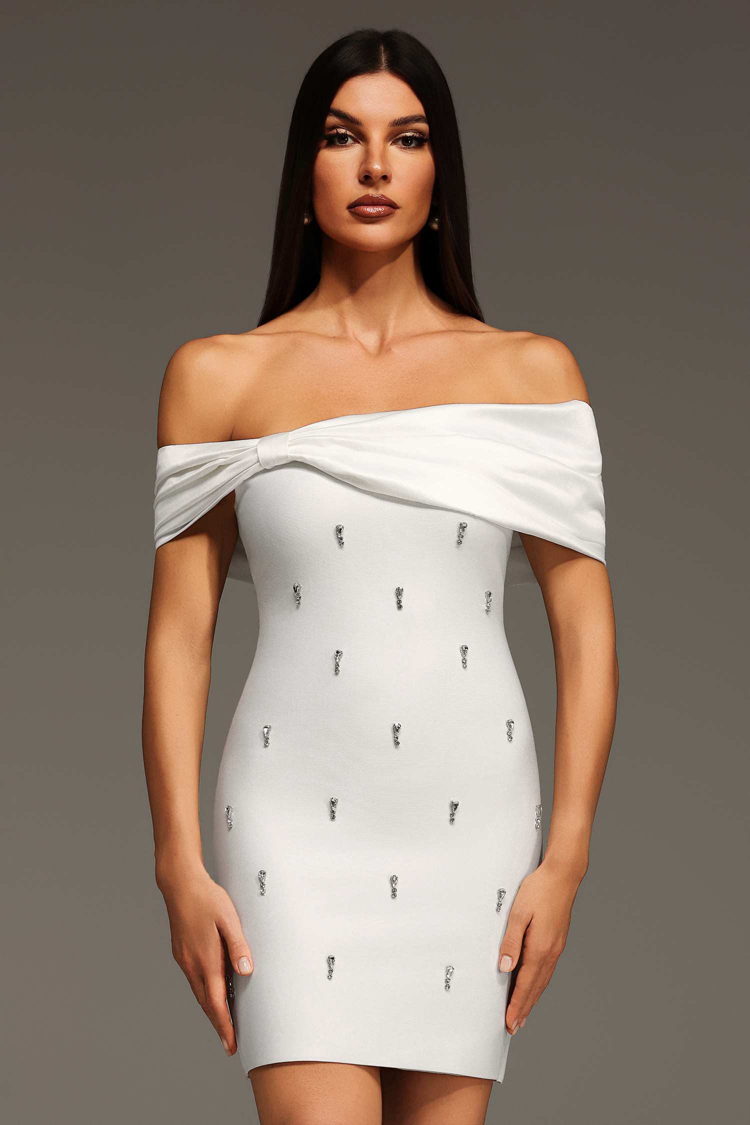 Verney Off The Shoulder Bow Diamond Bandage Mini Dress