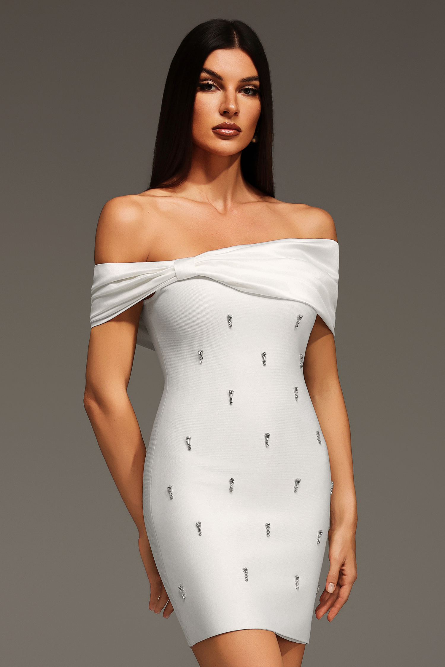 Verney Off The Shoulder Bow Diamond Bandage Mini Dress