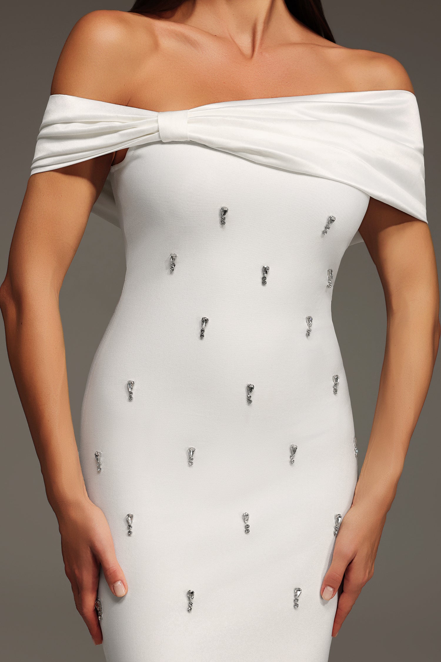 Verney Off The Shoulder Bow Diamond Bandage Mini Dress