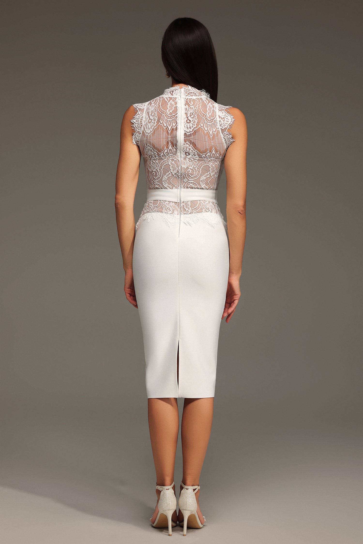 Penpe Sleeveless Stand Collar Lace Bandage Mini Dress