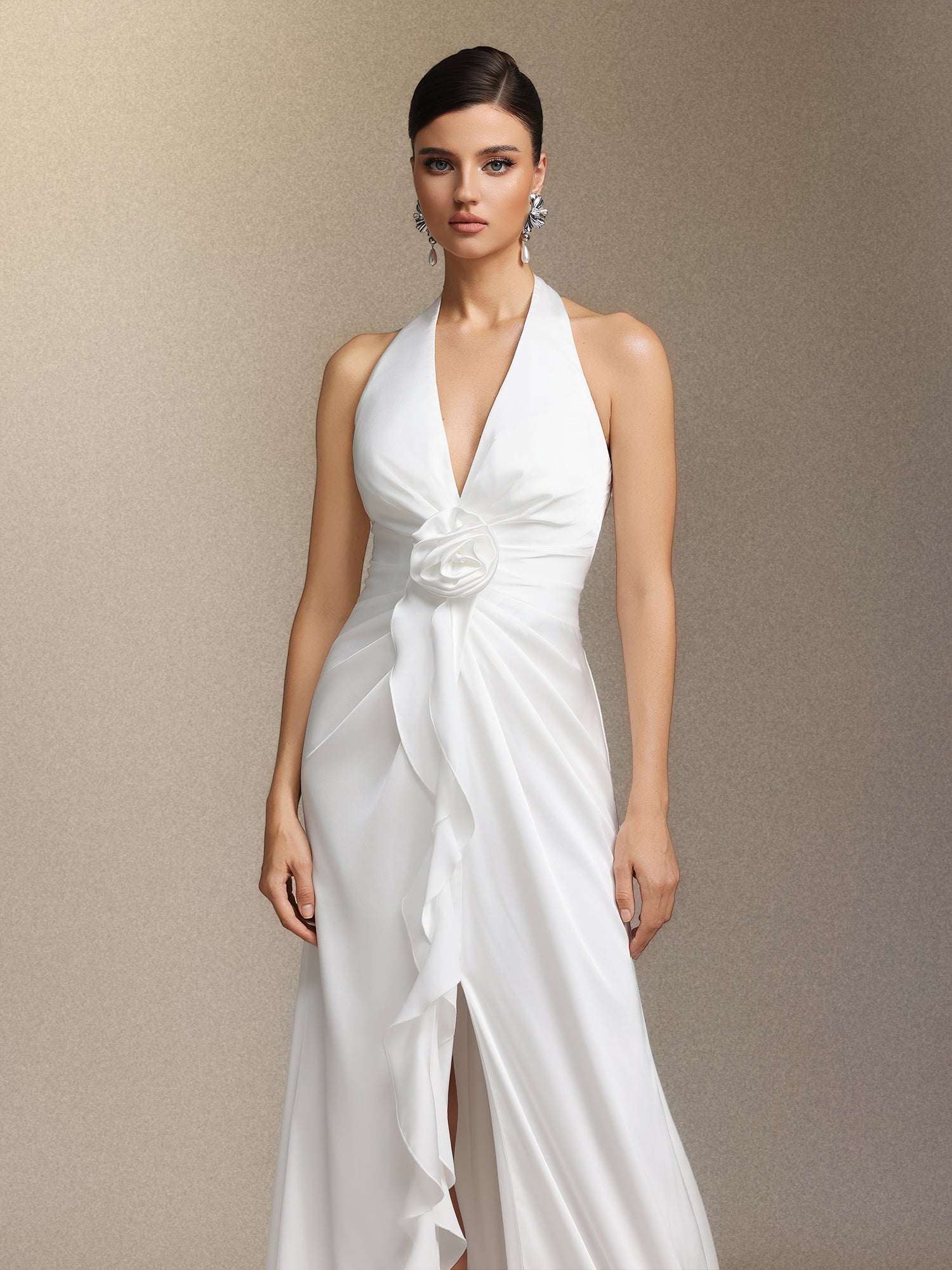 Salla Ruthie  Halter-neck three-dimensional flower ruffled cinched waist maxi dress