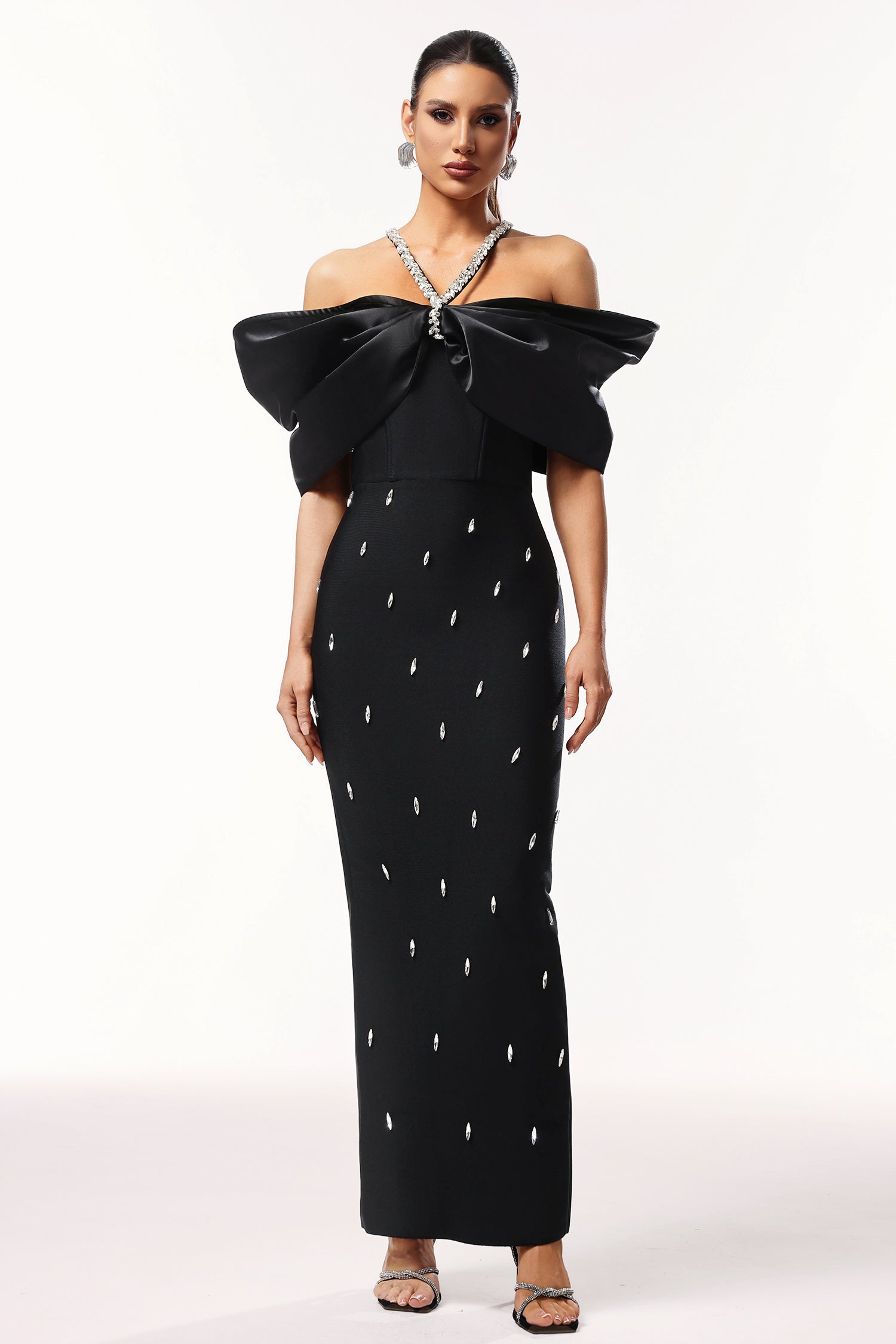Tenley Halter Off The Shoulder Diamond Bandage Maxi Dress