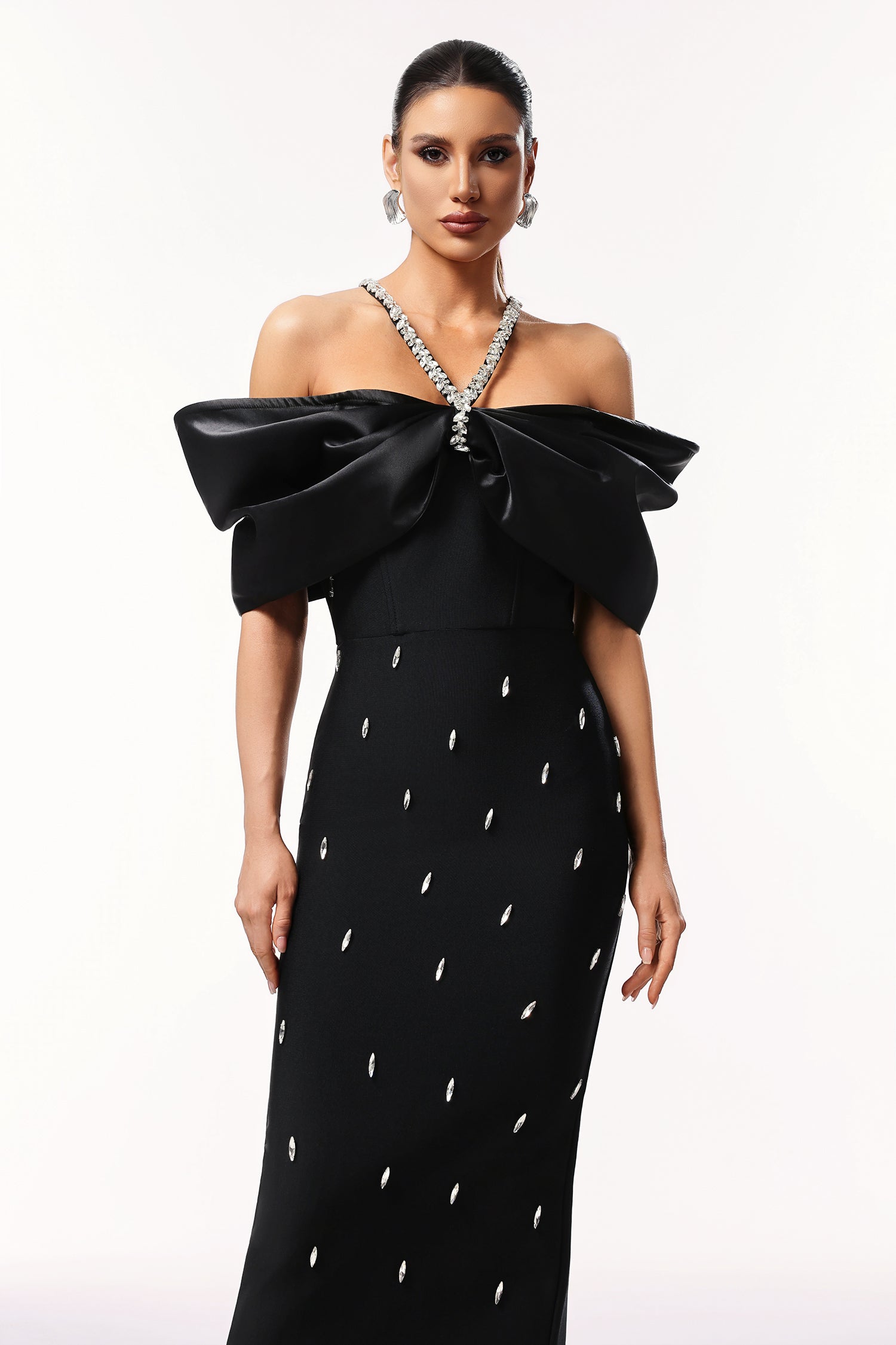 Tenley Halter Off The Shoulder Diamond Bandage Maxi Dress