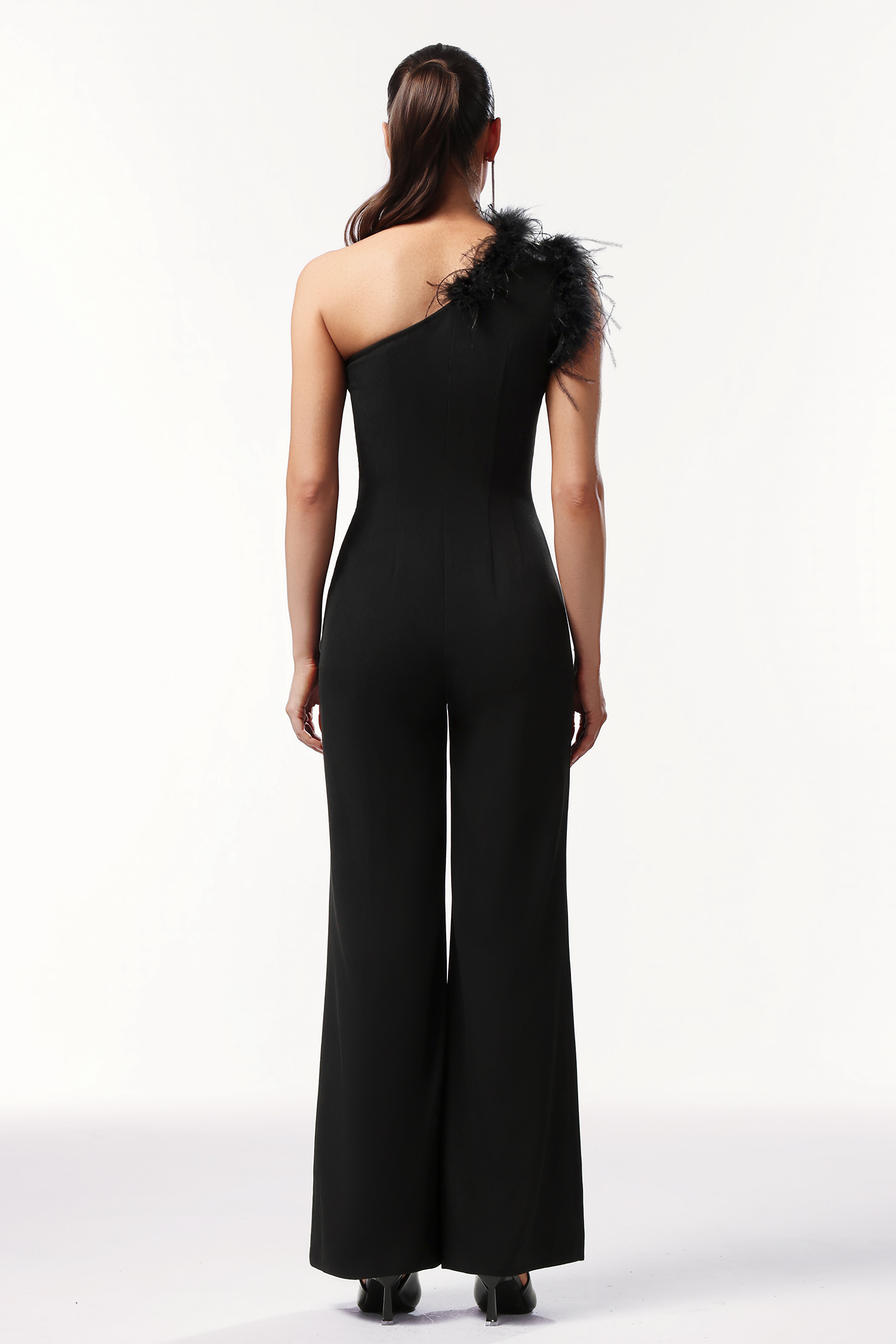 Ueza One Shoulder Sleeveless Feather Maxi Jumpsuit