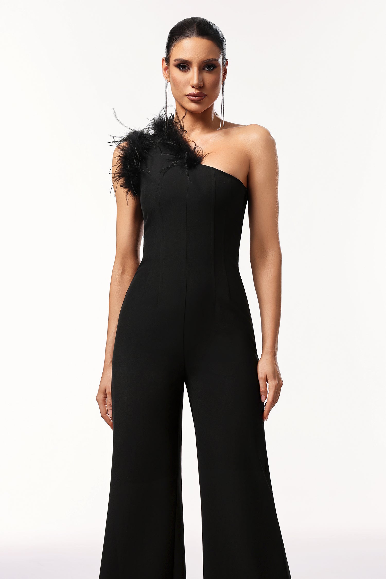 Ueza One Shoulder Sleeveless Feather Maxi Jumpsuit