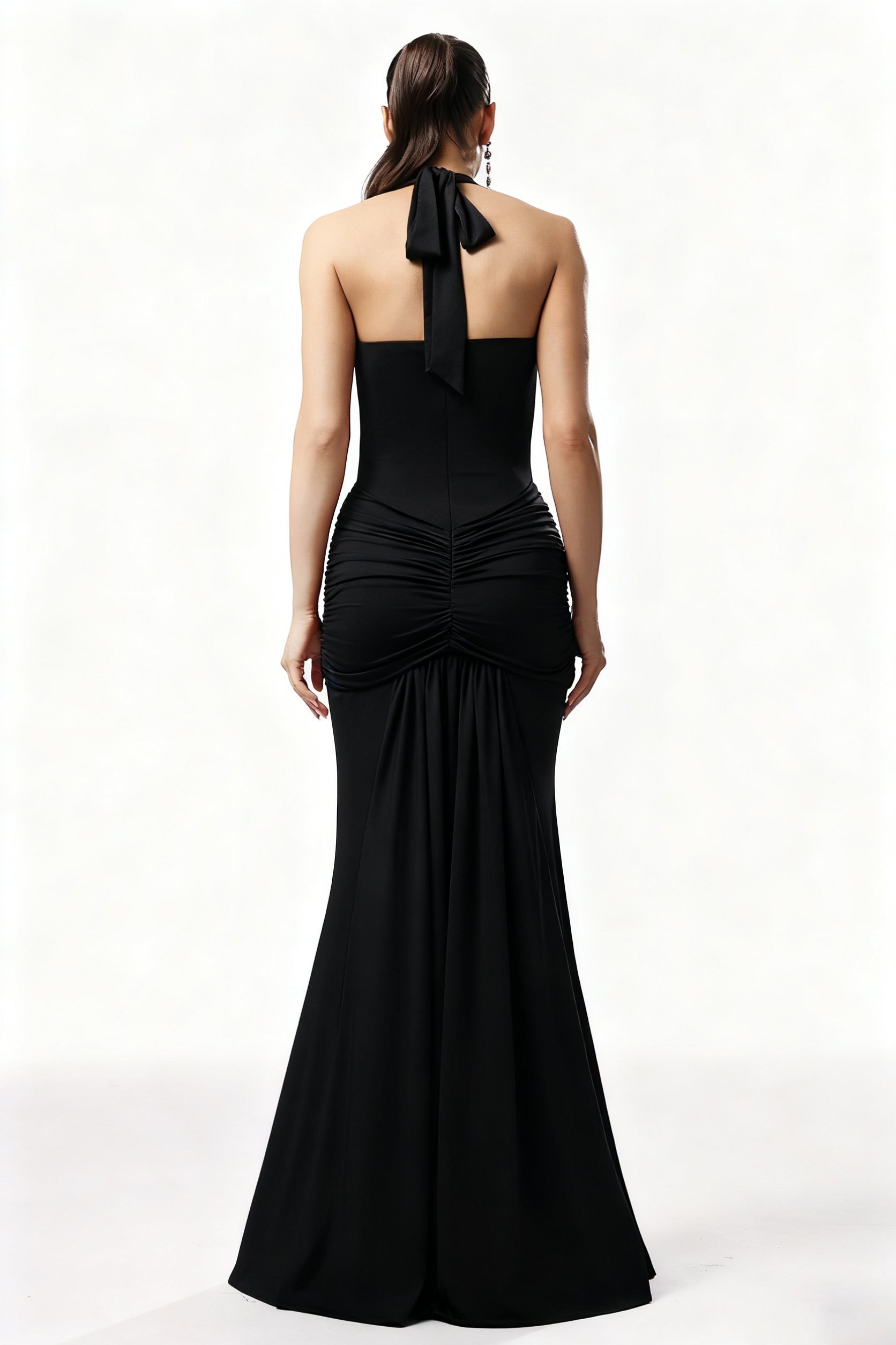 Elsie Halter Sleeveless V-Neck Wrinkles Black Maxi Dress