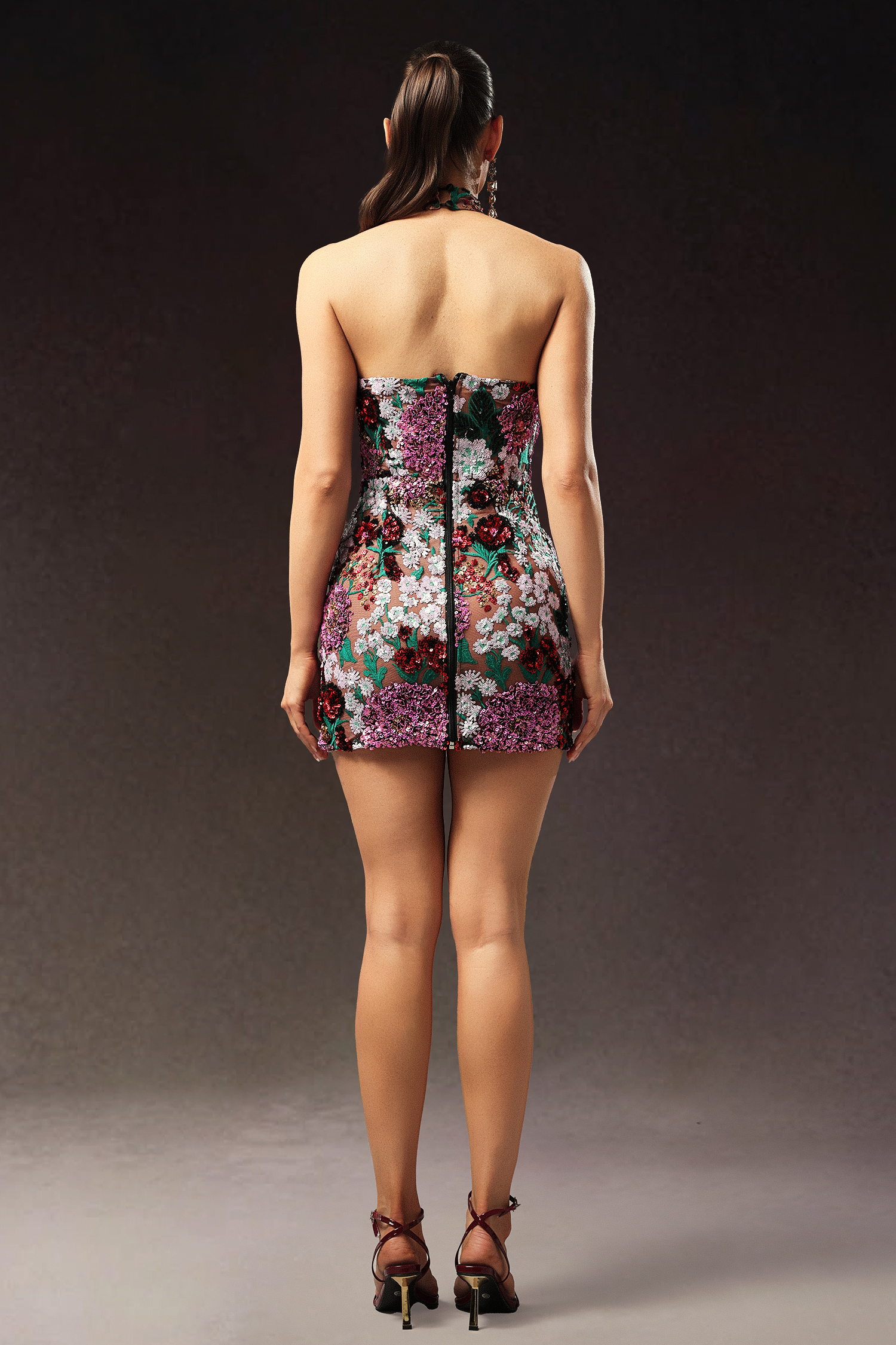 Polasa Halter Sleeveless Sequins Flower Mini Dress