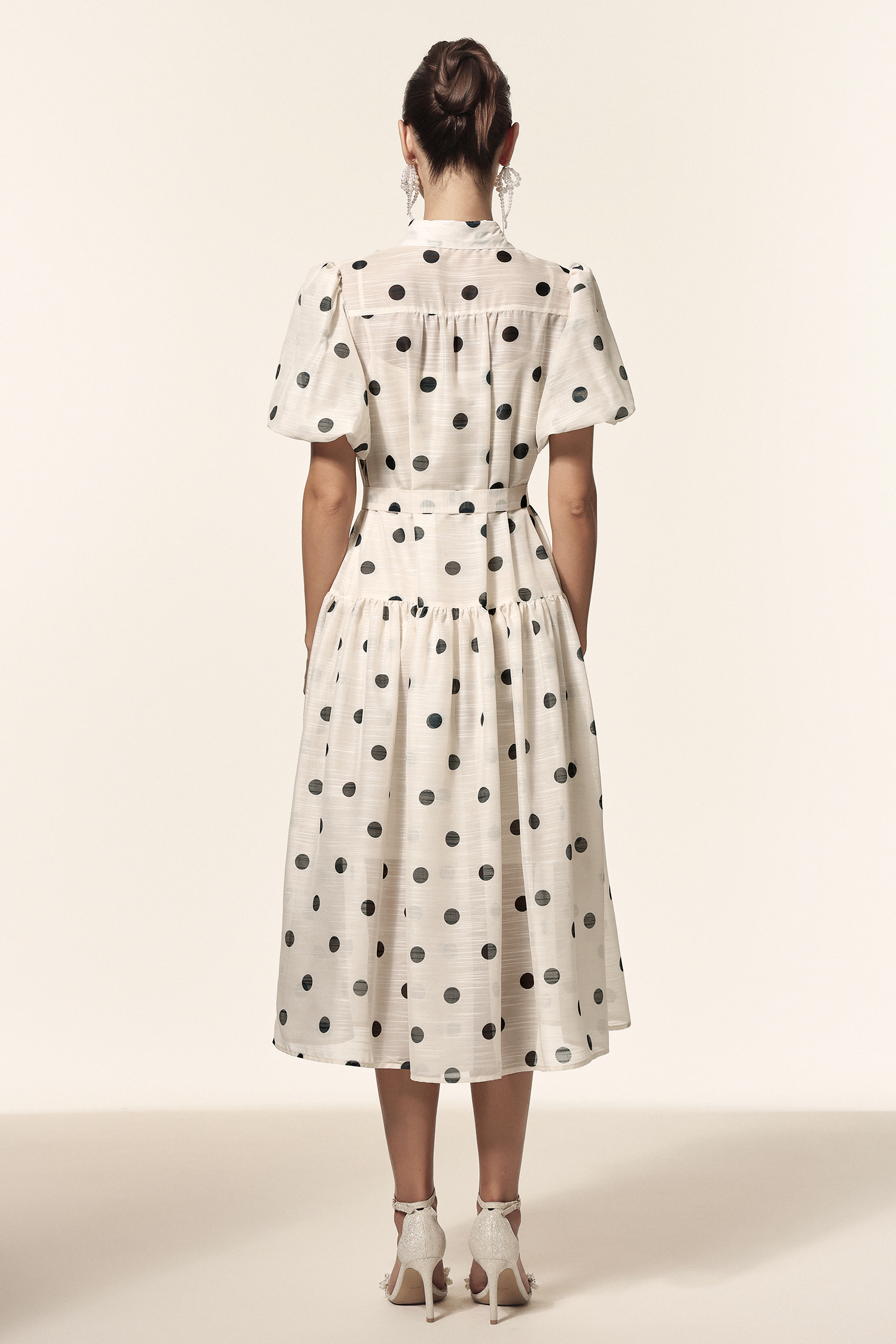 Kiera Lapel Dot Printed Puff Sleeves Midi Dress