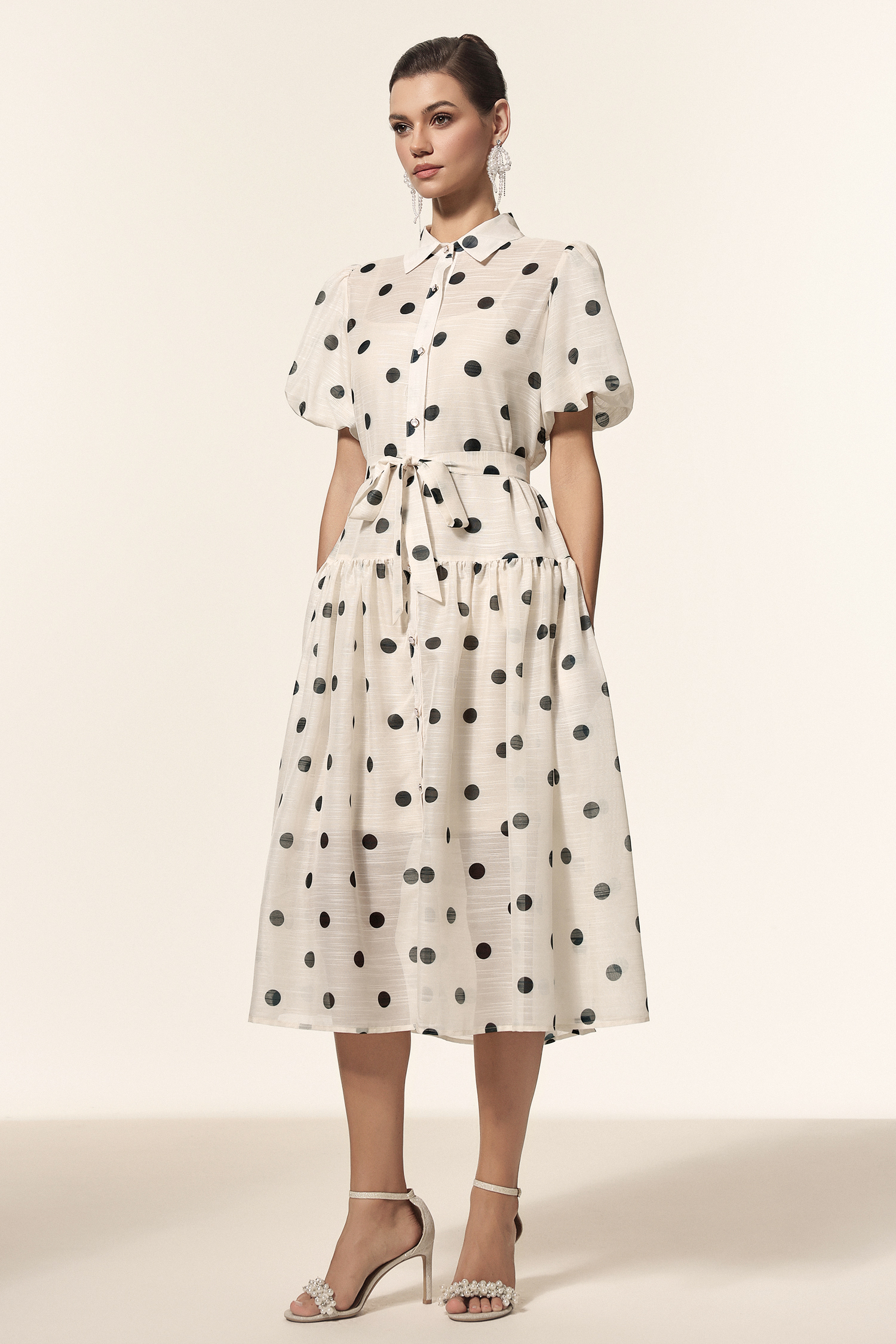 Kiera Lapel Dot Printed Puff Sleeves Midi Dress