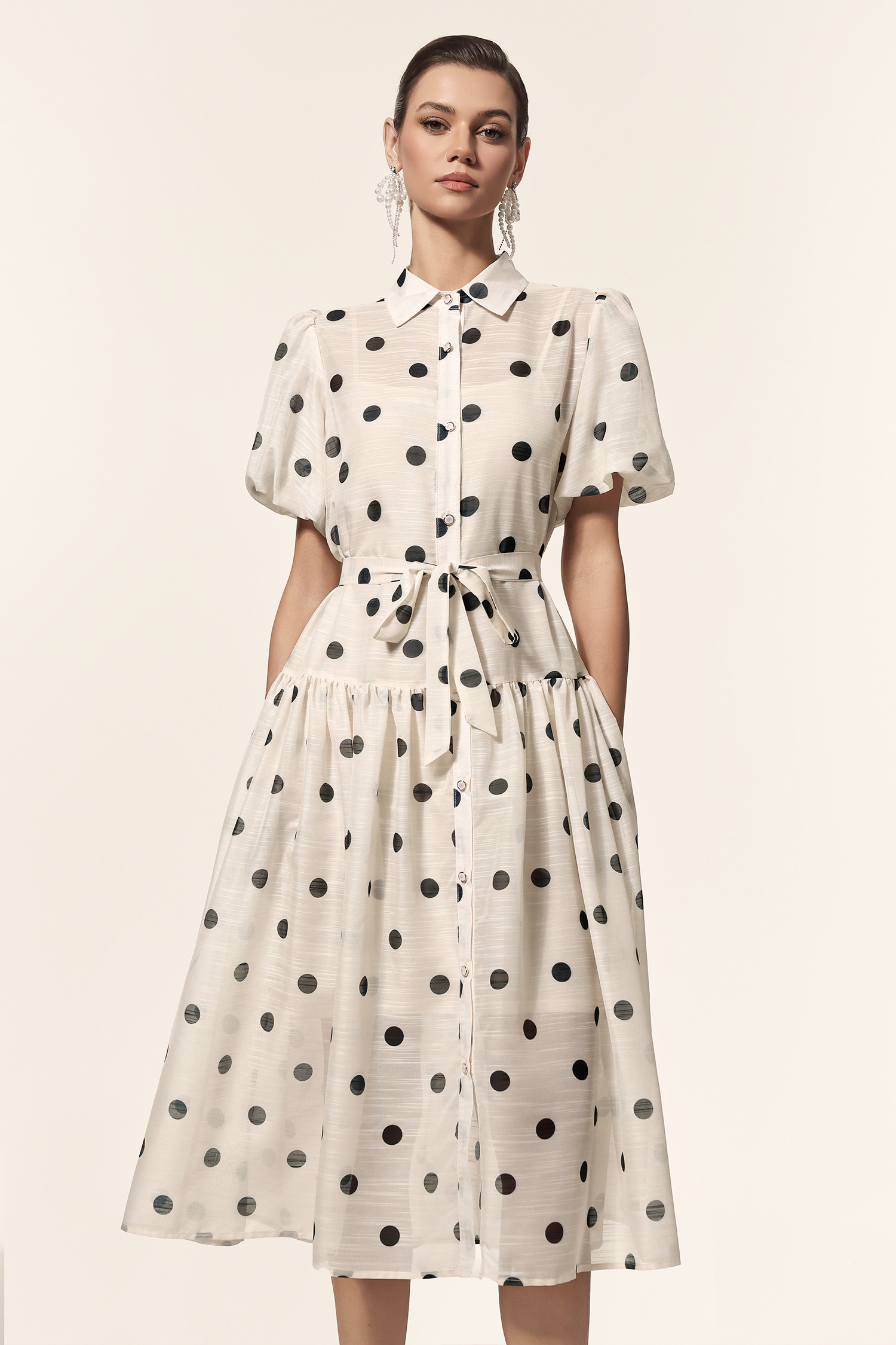 Kiera Lapel Dot Printed Puff Sleeves Midi Dress