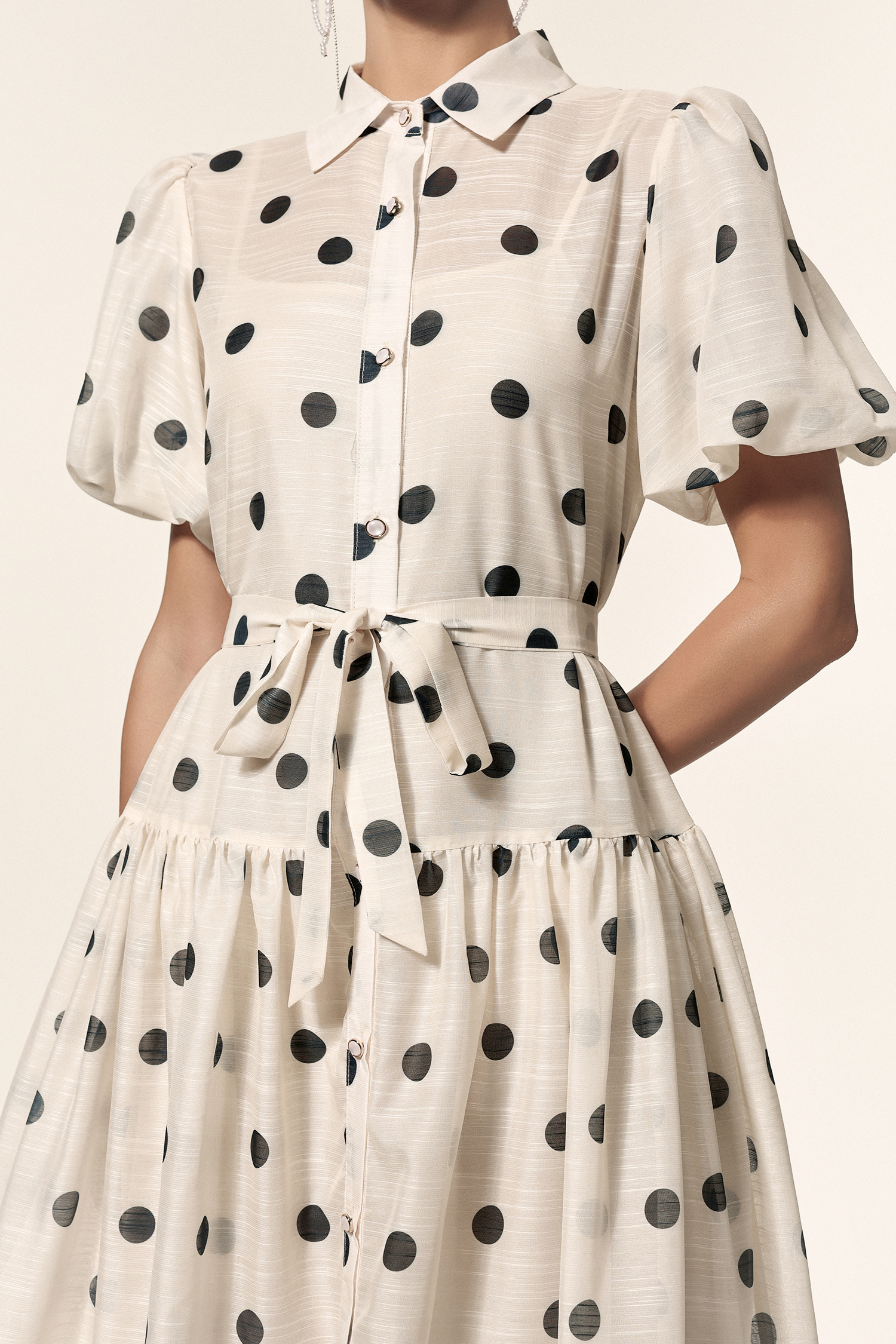 Kiera Lapel Dot Printed Puff Sleeves Midi Dress