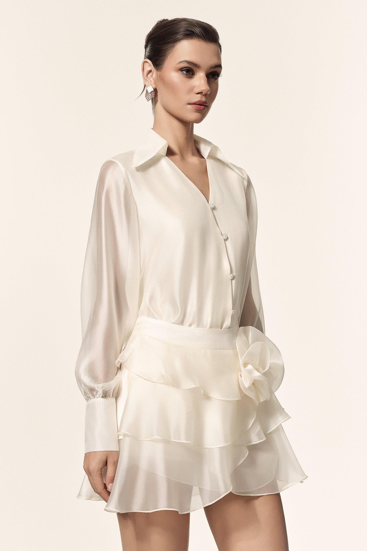 Vanya V-Neck Long Sleeves Folds Flower Top And Skirt Two-Piece Set