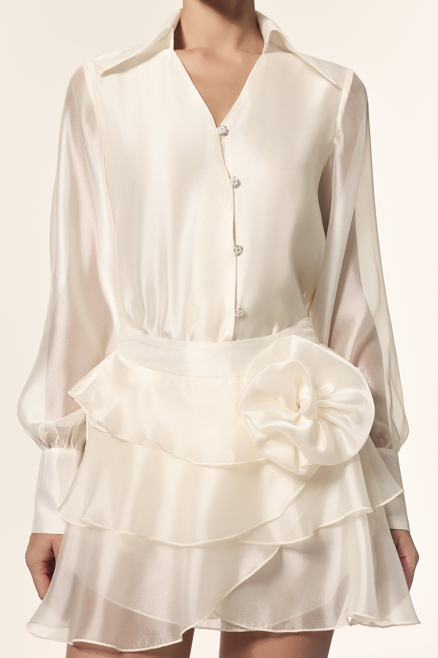 Vanya V-Neck Long Sleeves Folds Flower Top And Skirt Two-Piece Set