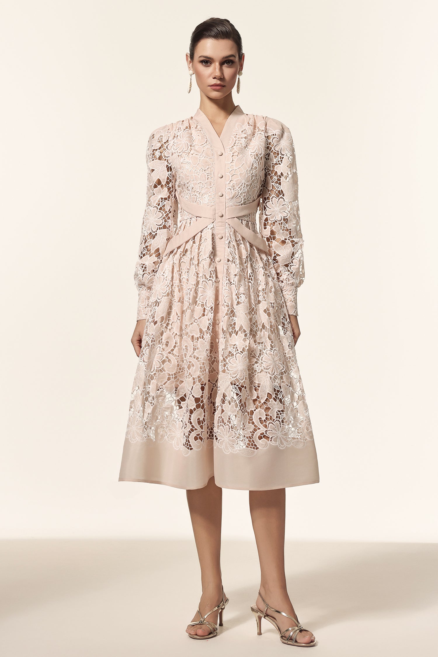 Saly V-Neck Long Sleeves Lace Midi Dress