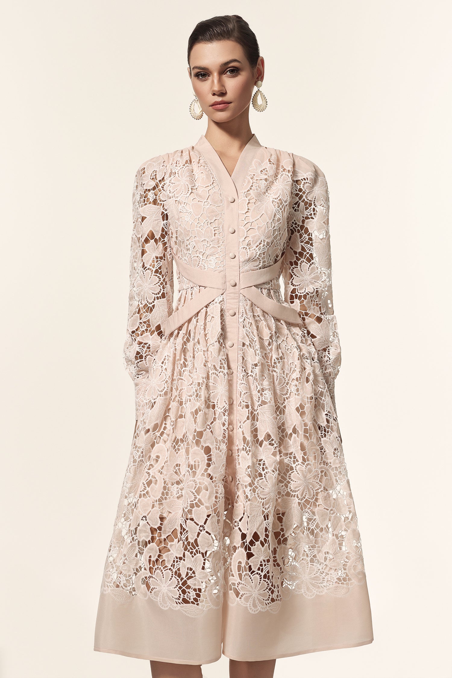 Saly V-Neck Long Sleeves Lace Midi Dress