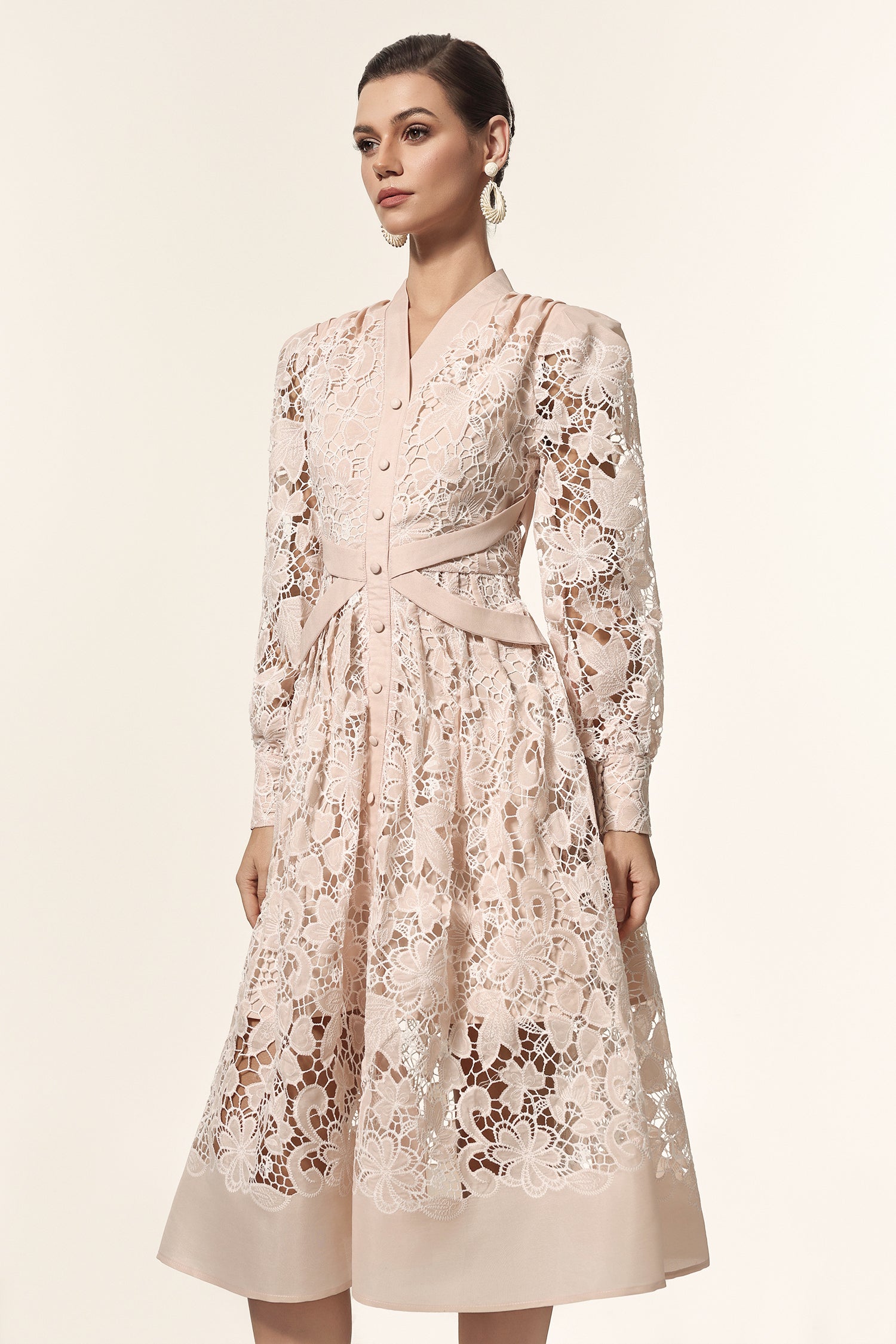 Saly V-Neck Long Sleeves Lace Midi Dress