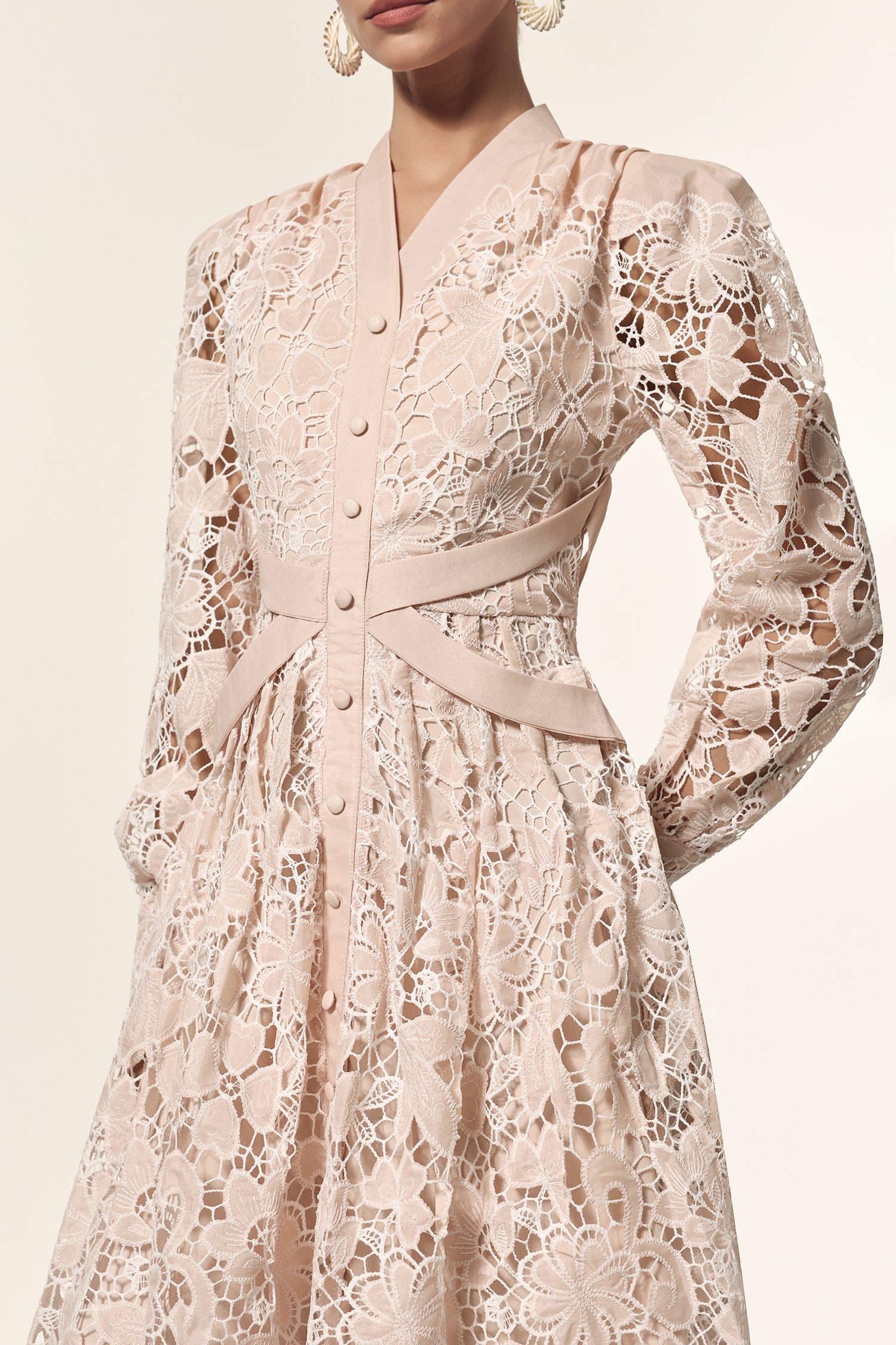 Saly V-Neck Long Sleeves Lace Midi Dress