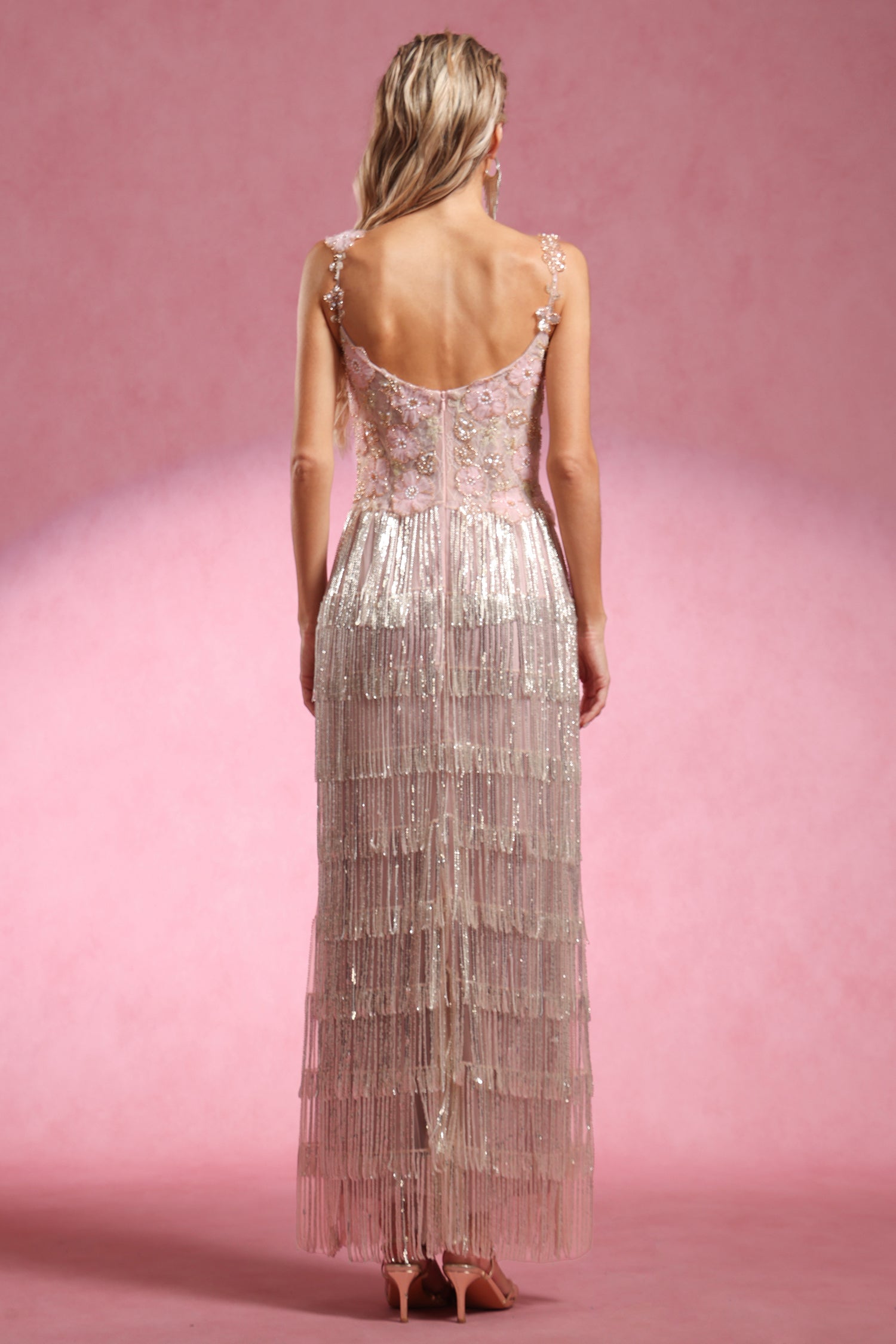 Opala Sleeveless Flowers Diamond Tassels Maxi Dress