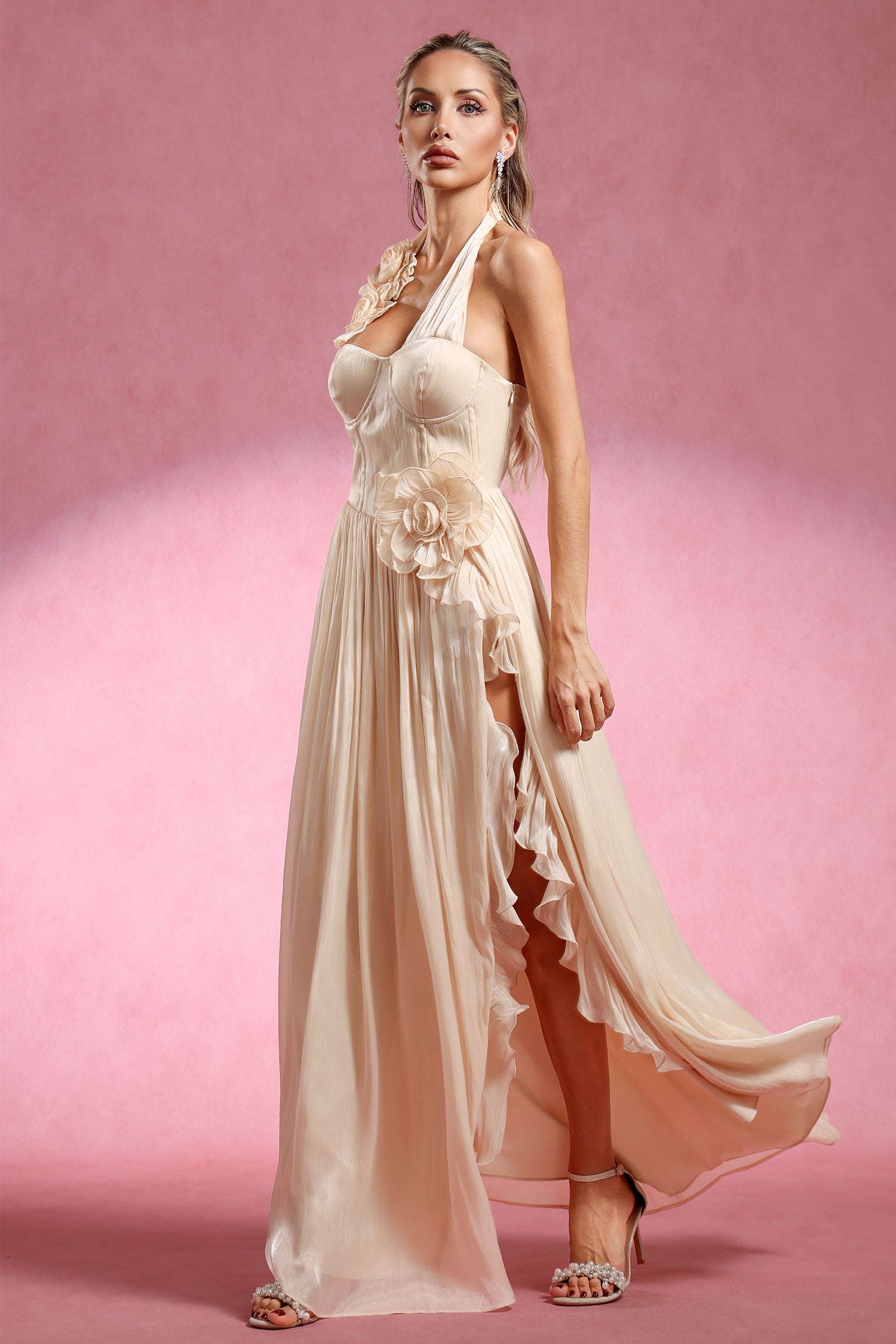Davina Halter Sleeveless Flower Slit Maxi Dress