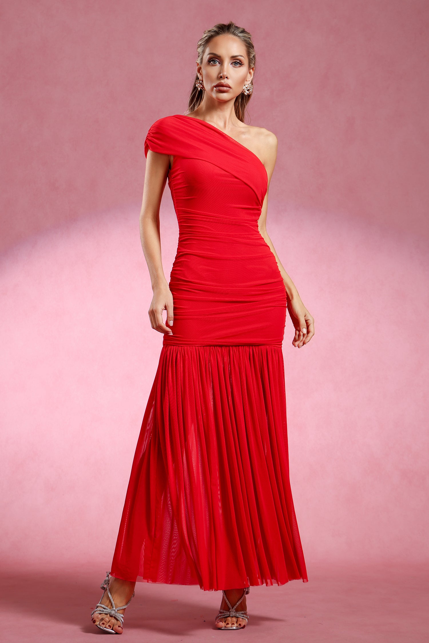 Secyij Sleeveless One Shoulder Wrinkle Maxi Dress