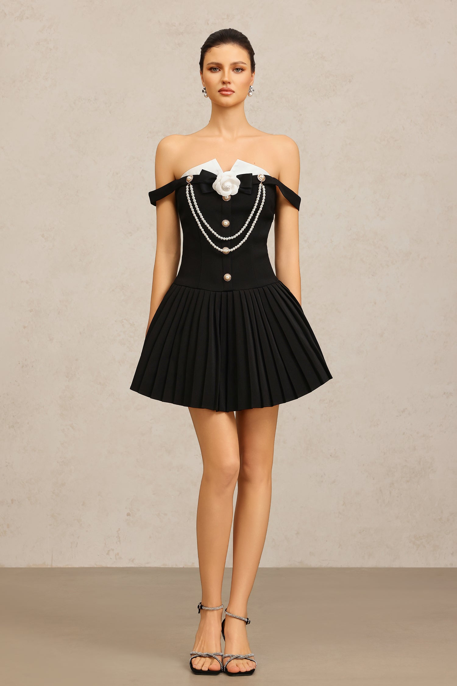 Vivien Off-The-Shoulder Folds Flower Mini Dress