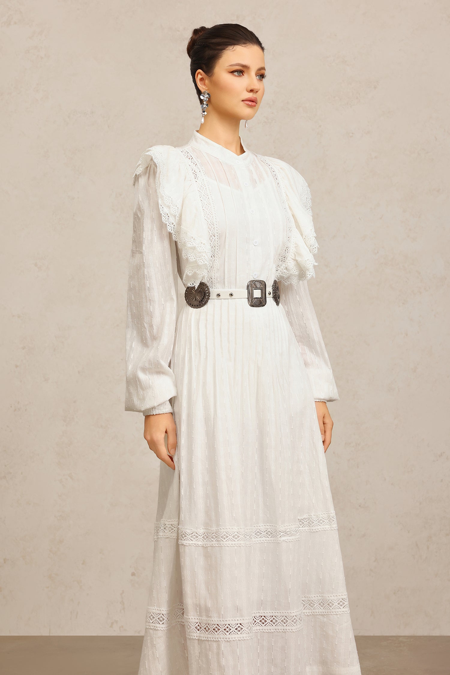 Ditala Long Sleeves Lace Folds Top And Skirt Two-Piece Set