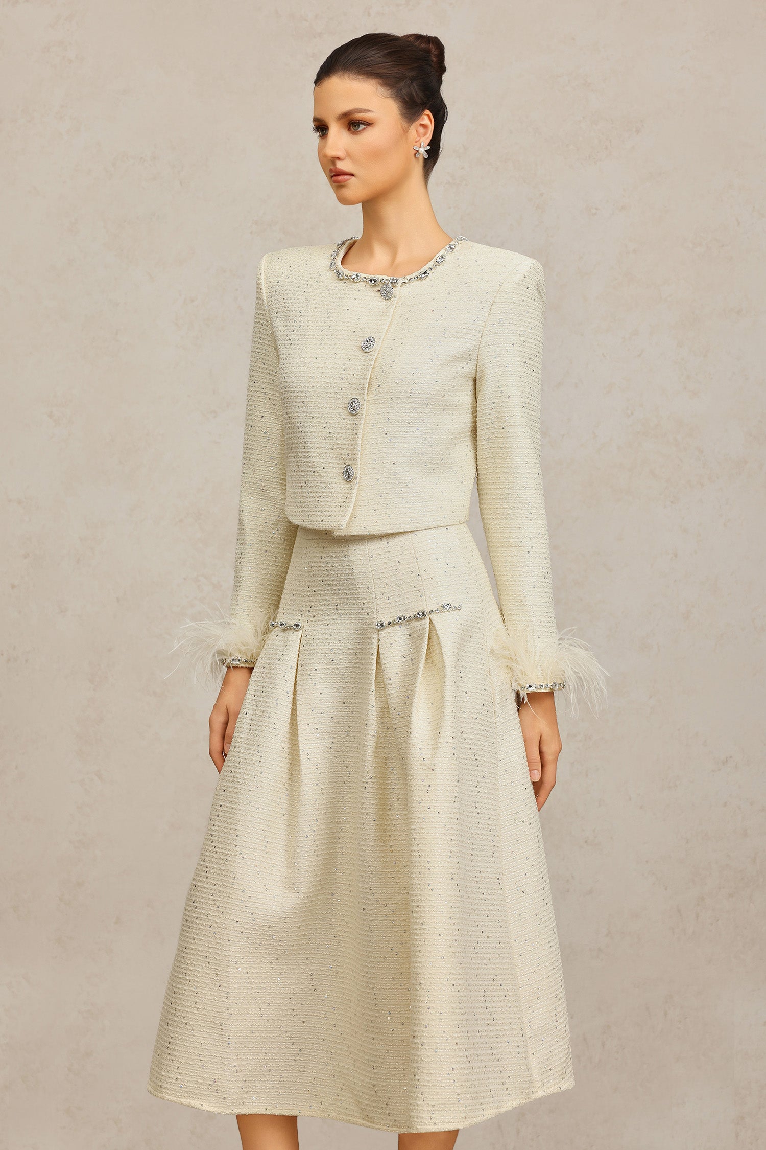 Werko Round Neck Long Sleeves Diamond Artificial Feather Top And Skirt Two-Piece Set