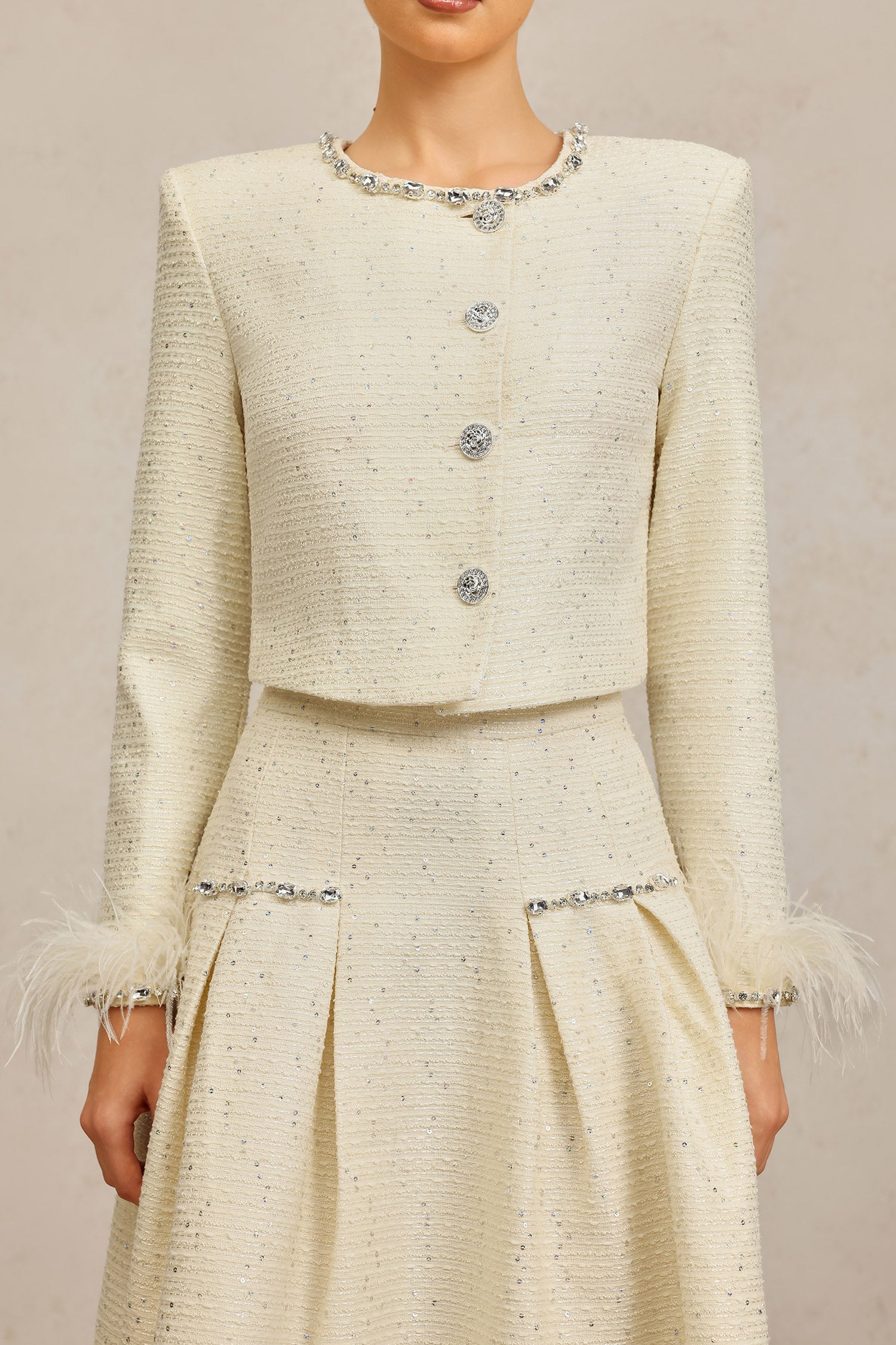 Werko Round Neck Long Sleeves Diamond Artificial Feather Top And Skirt Two-Piece Set