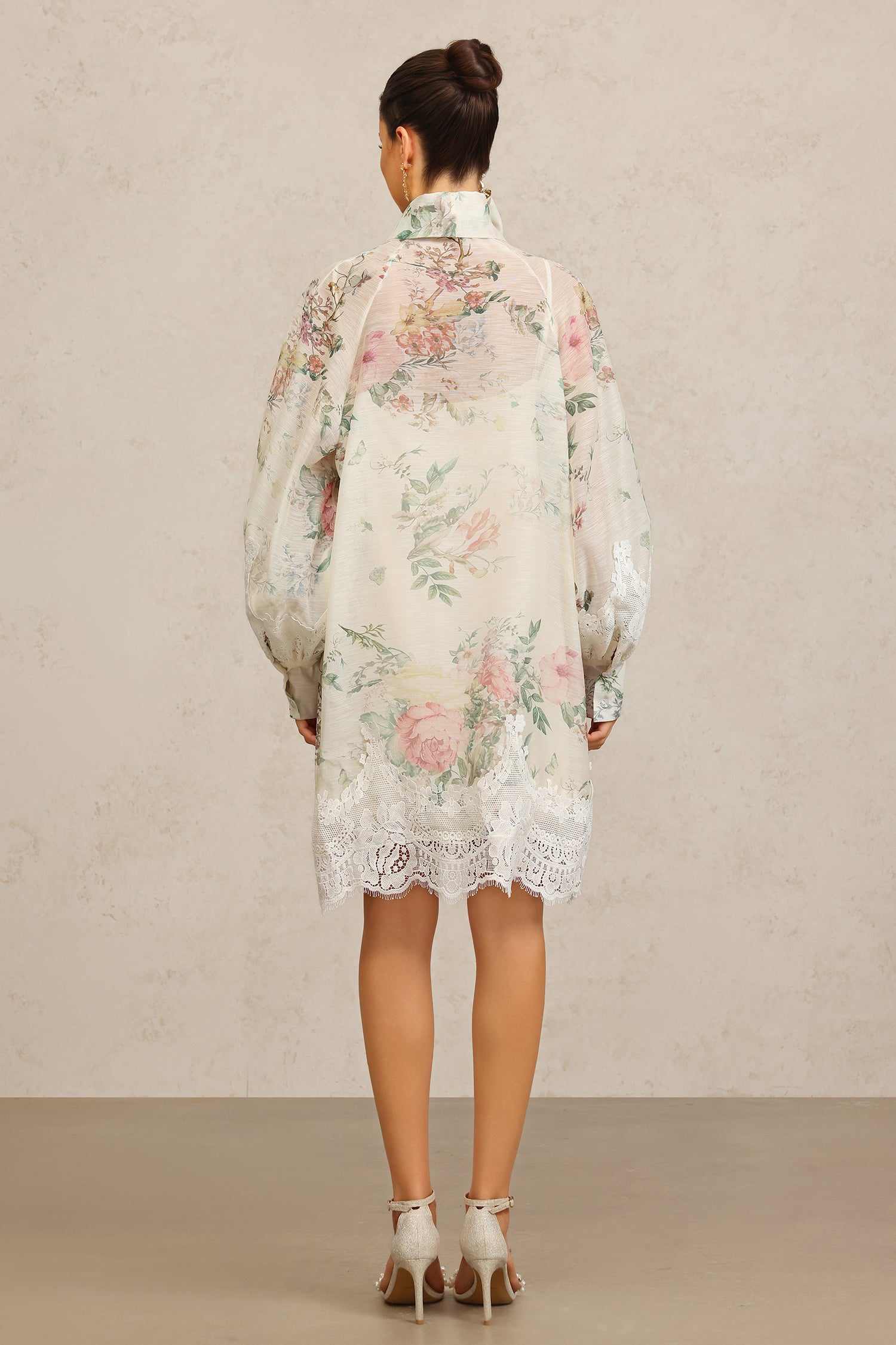 Sareka V-Neck Long Sleeves Lace Flowers Streamer Bowknot Floral Printed Mini Dress