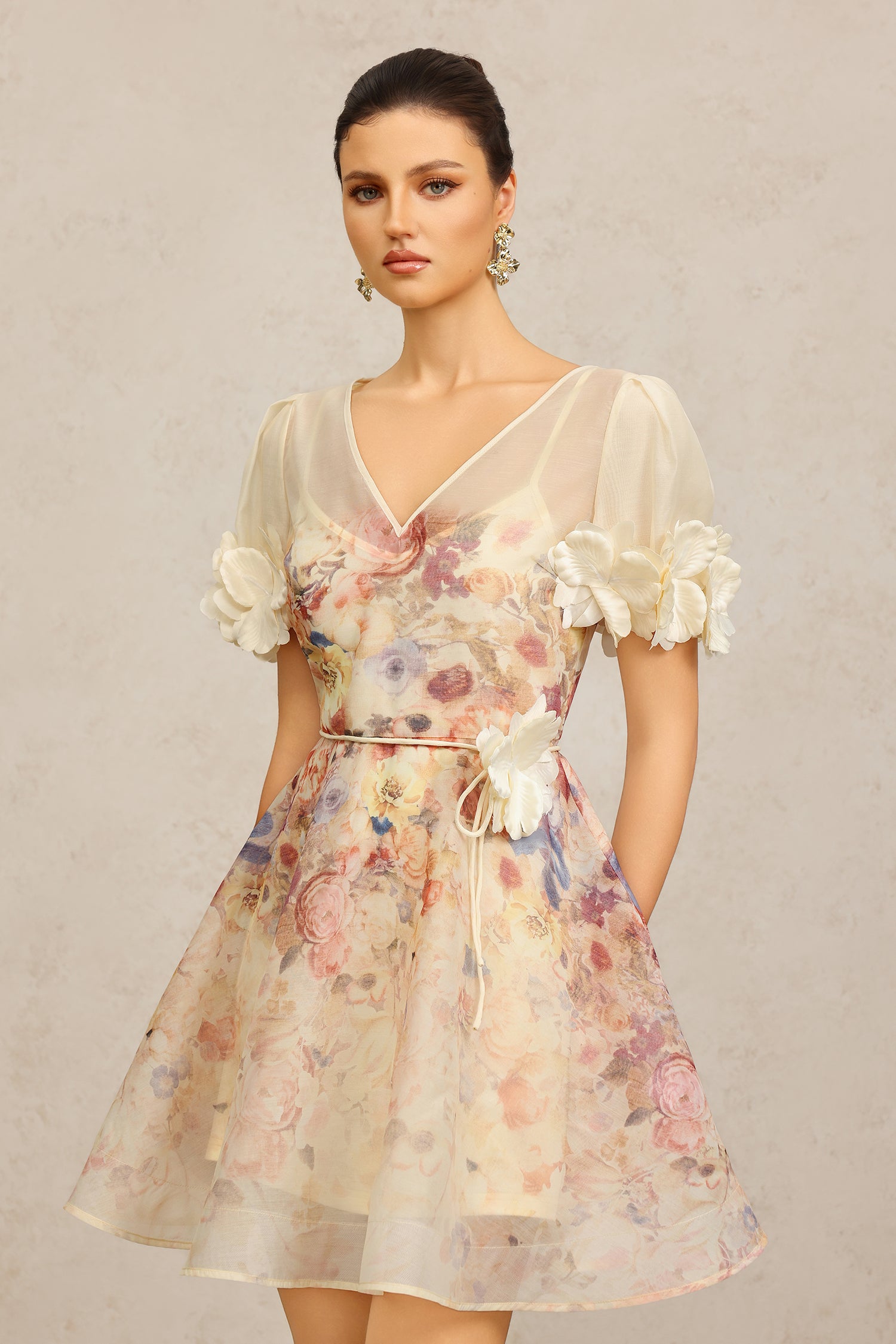 Xezey V-Neck Short Sleeves Flowers Printed Mini Dress