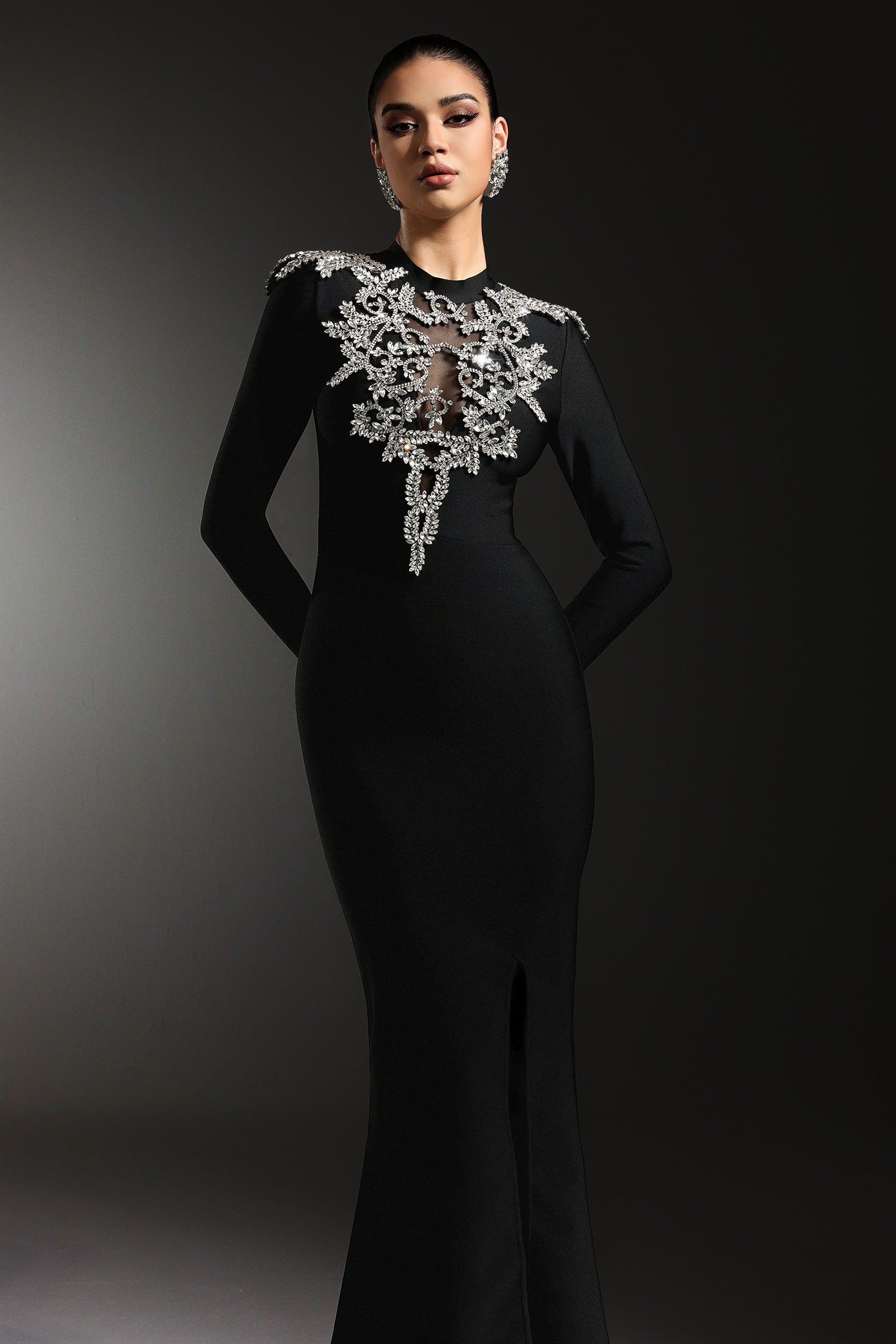 Saloha Long Sleeves Diamond Slit Fish Tail Bandage Maxi Dress